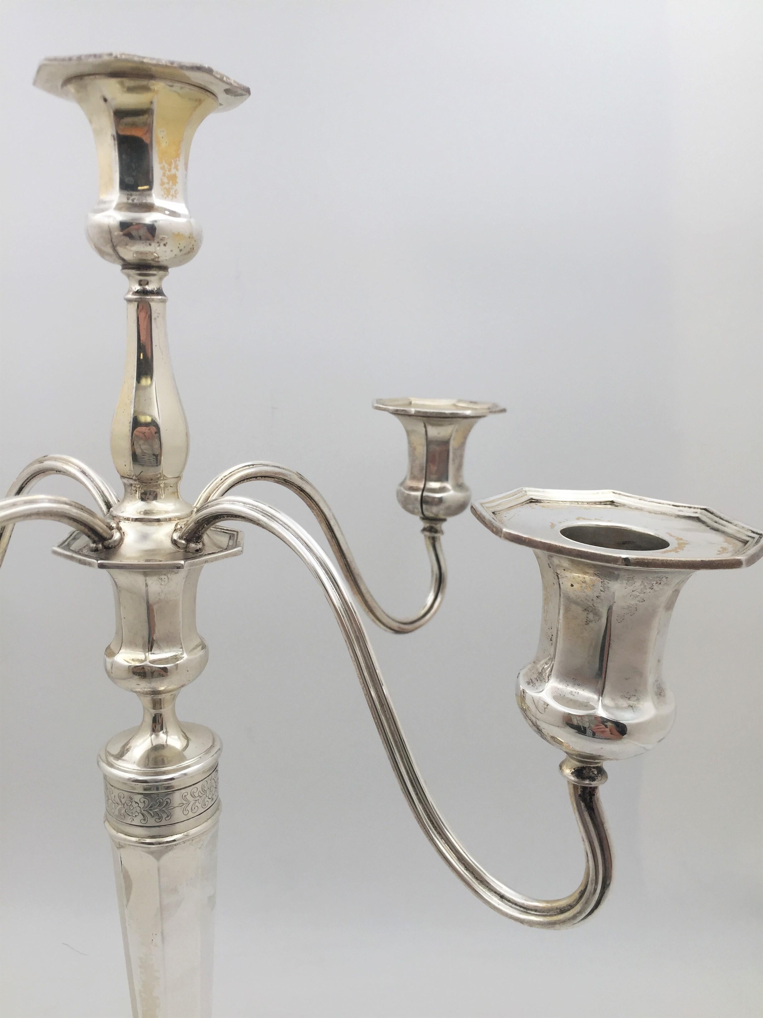 Early 20th Century Reed&Barton Pair of Sterling Silver 1907 5-Light Hepplewhite Candelabra Art Deco For Sale