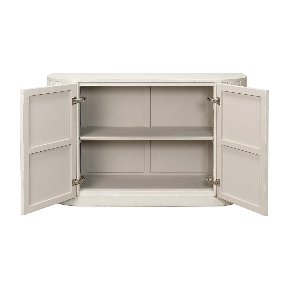 Modern Reeded Antique White Demilune Cabinet For Sale