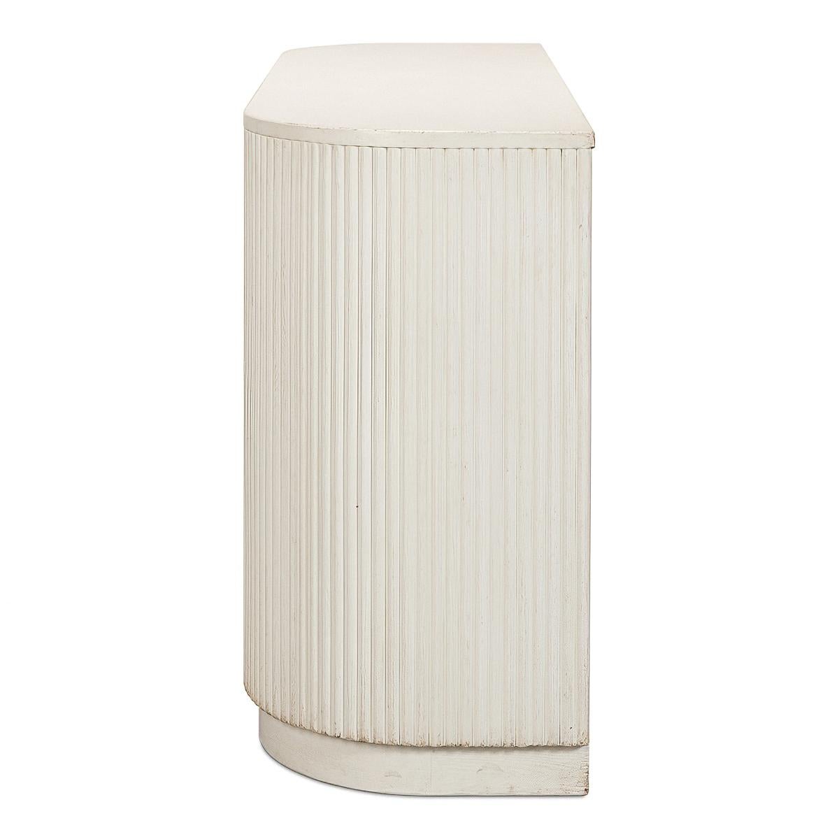 Wood Reeded Antique White Demilune Cabinet For Sale