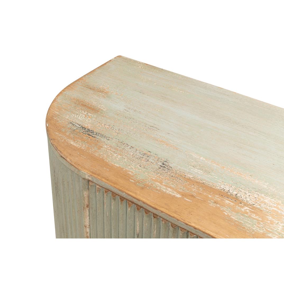 Asian Reeded Antiqued Sage Demilune Cabinet