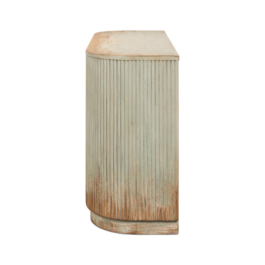 Contemporary Reeded Antiqued Sage Demilune Cabinet For Sale