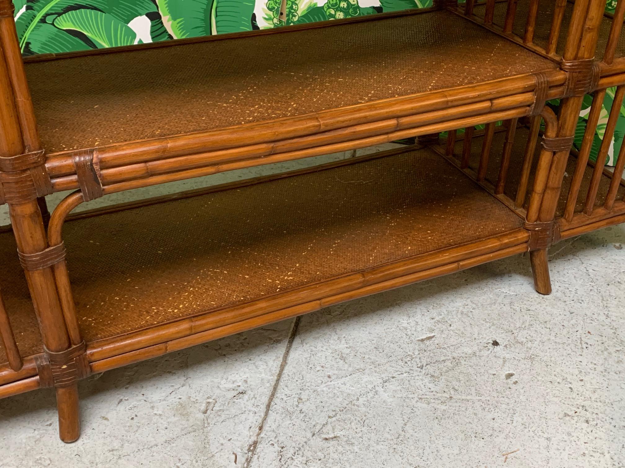 Reeded Bamboo and Woven Rattan Open Shelf Console Table In Good Condition In Jacksonville, FL
