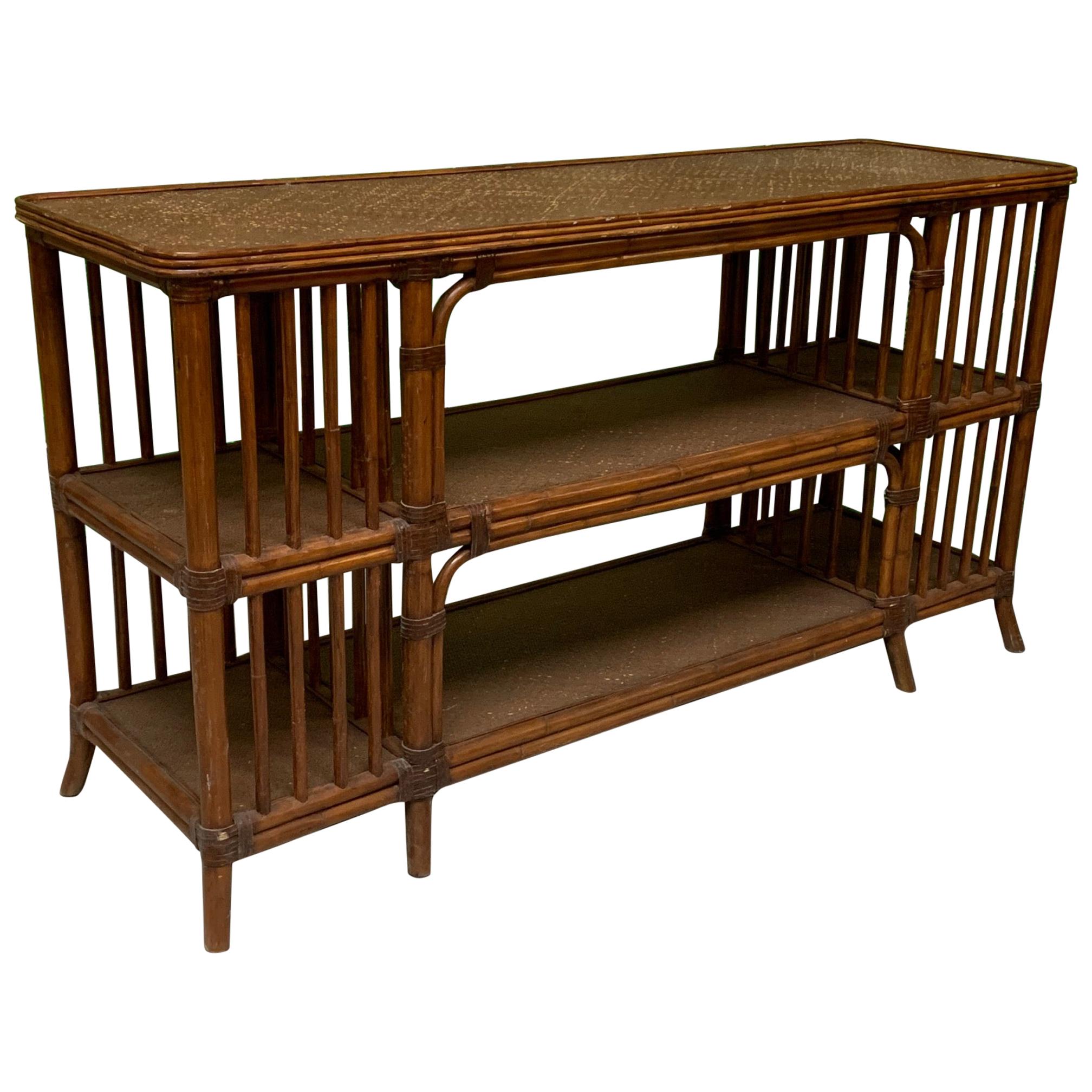 Reeded Bamboo and Woven Rattan Open Shelf Console Table