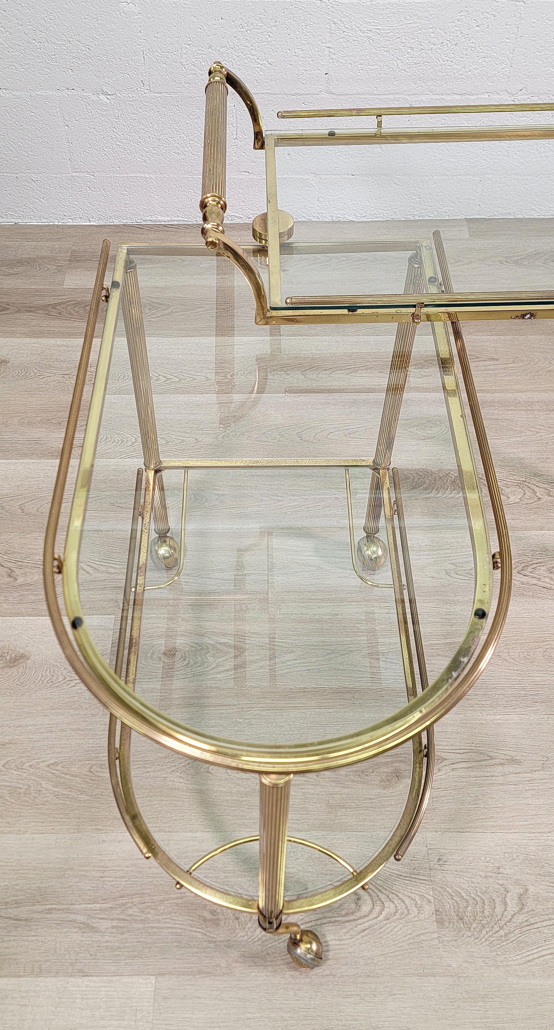 Hand-Crafted Reeded Brass and Glass Bar Cart - Rolling and Expandable  For Sale