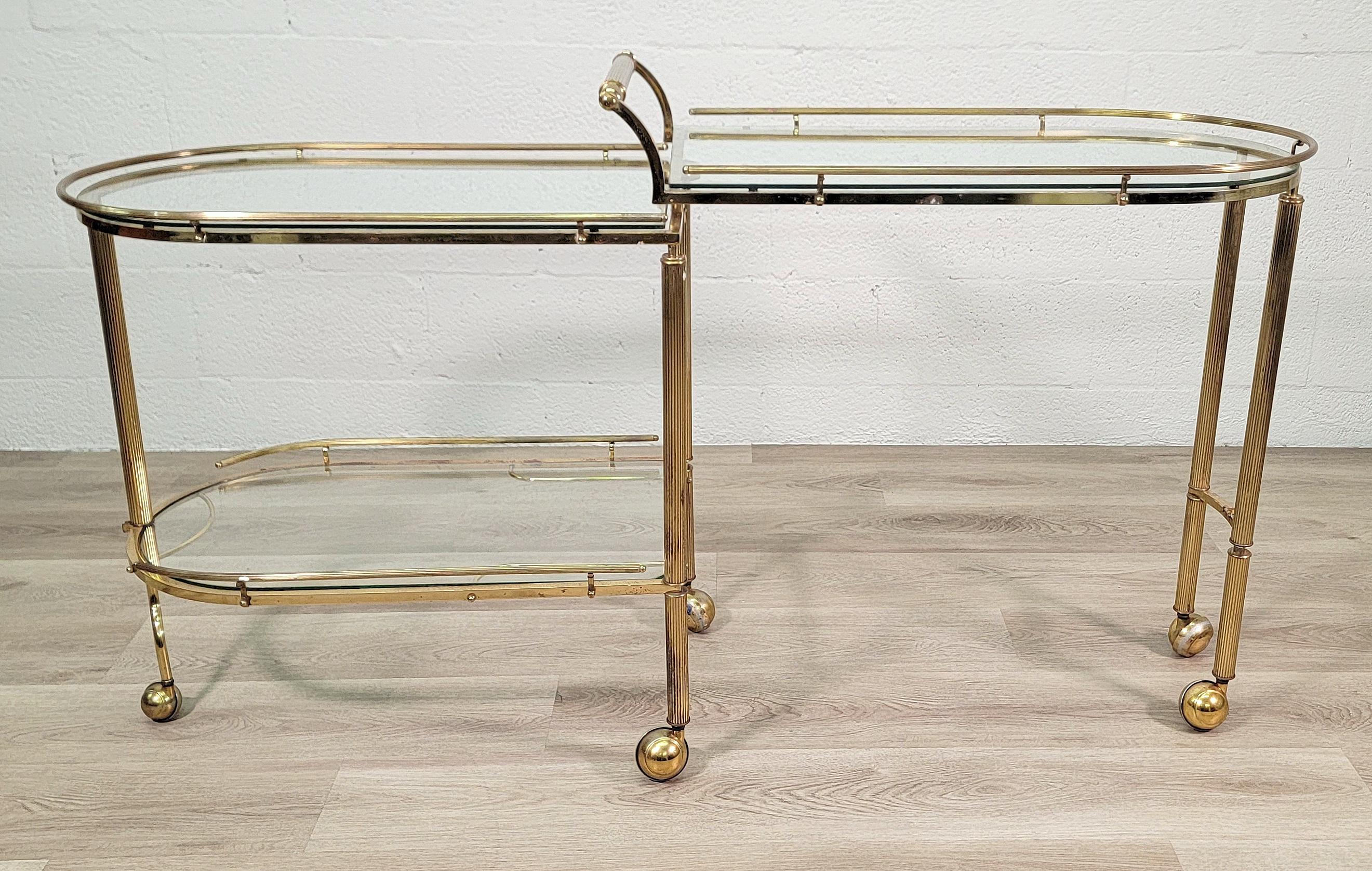 Hand-Crafted Reeded Brass and Glass Bar Cart - Rolling and Expandable  For Sale