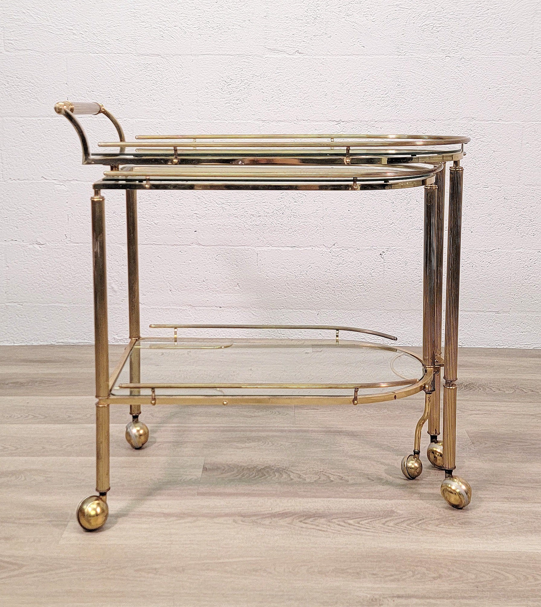 Contemporary Reeded Brass and Glass Bar Cart - Rolling and Expandable  For Sale