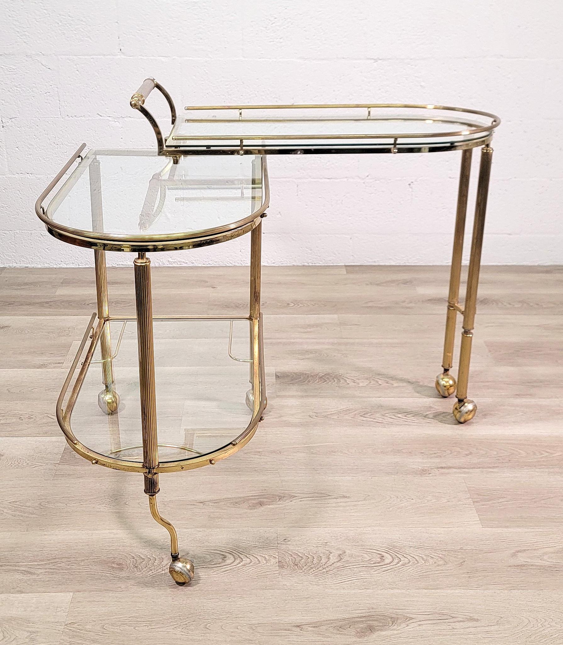 Reeded Brass and Glass Bar Cart - Rolling and Expandable  For Sale 2