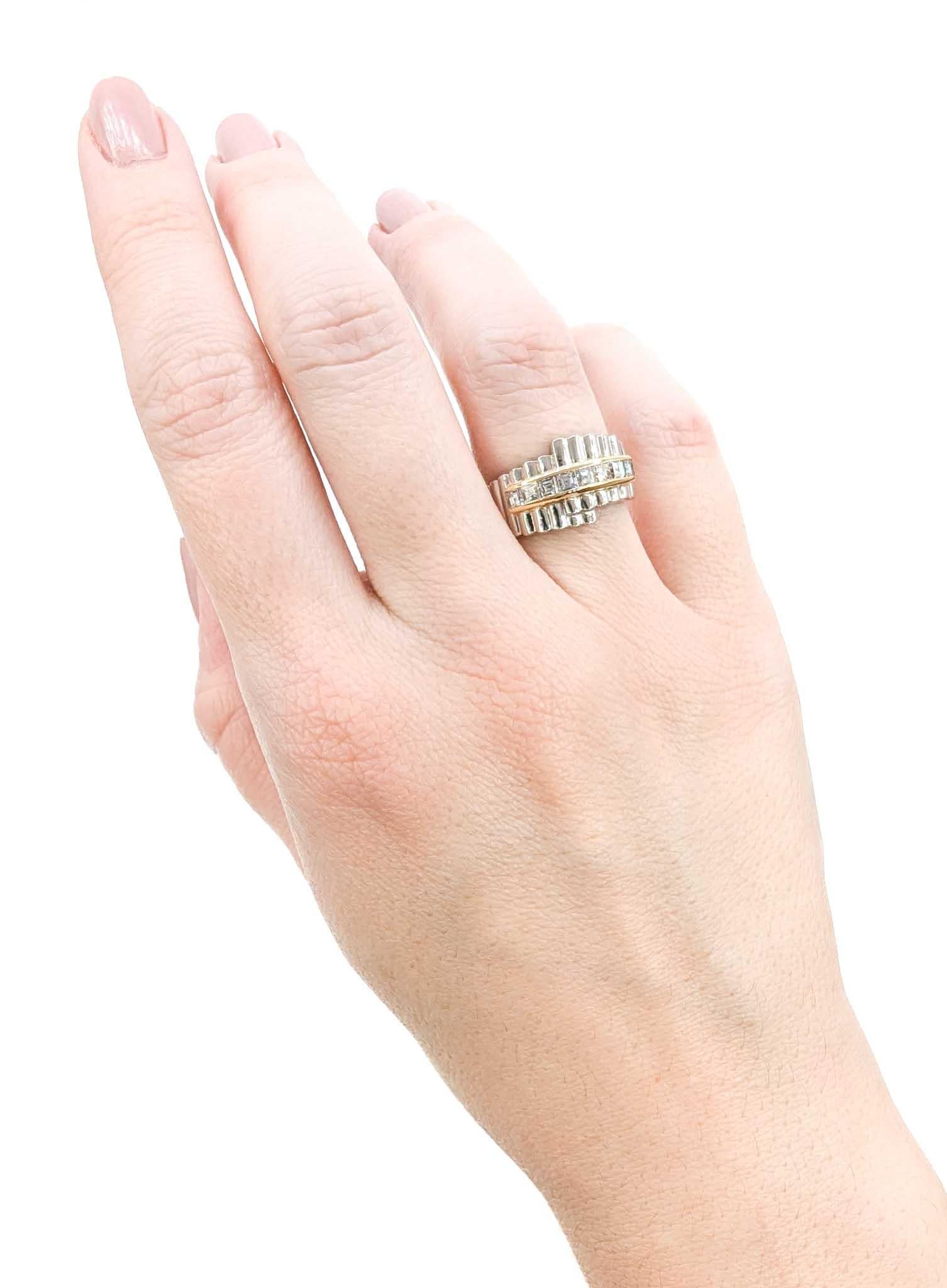 Modern Reeded Channel Set Diamond Ring in Platinum For Sale