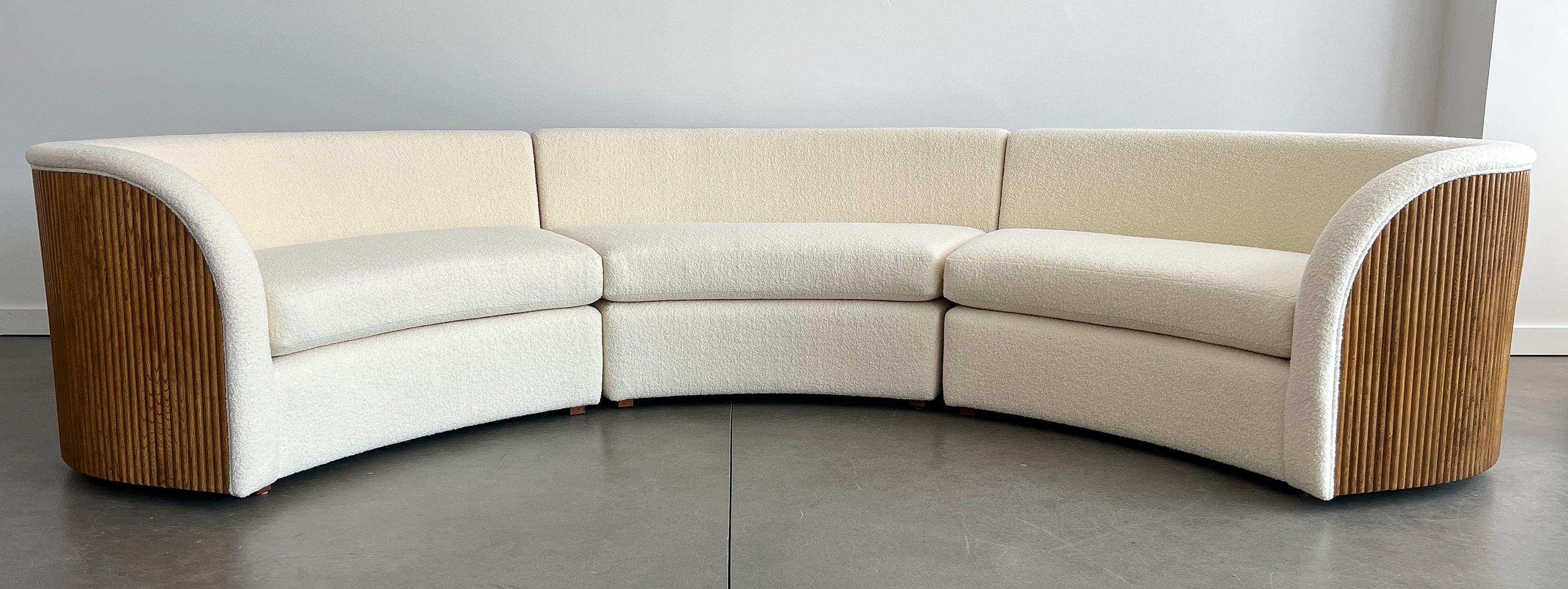 Reeded Oak Wrapped Three Piece Sectional Sofa in Cream Bouclé 7