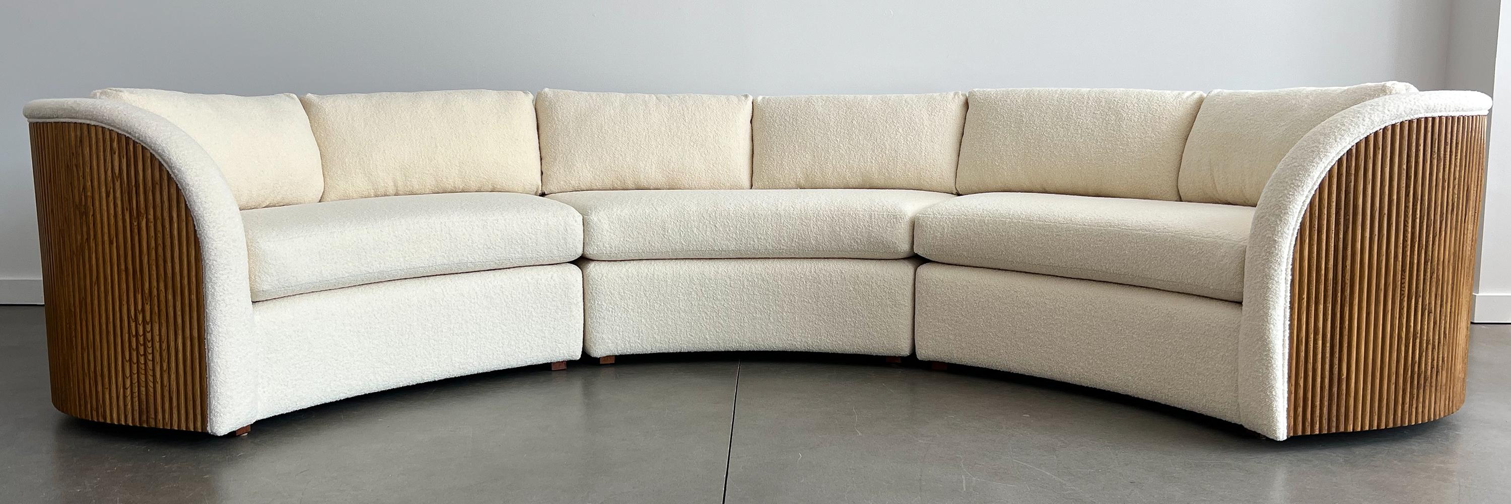 Mid-Century Modern Reeded Oak Wrapped Three Piece Sectional Sofa in Cream Bouclé