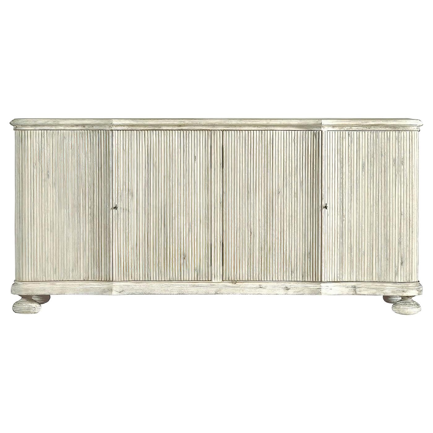 Reeded White Washed Buffet Cabinet For Sale