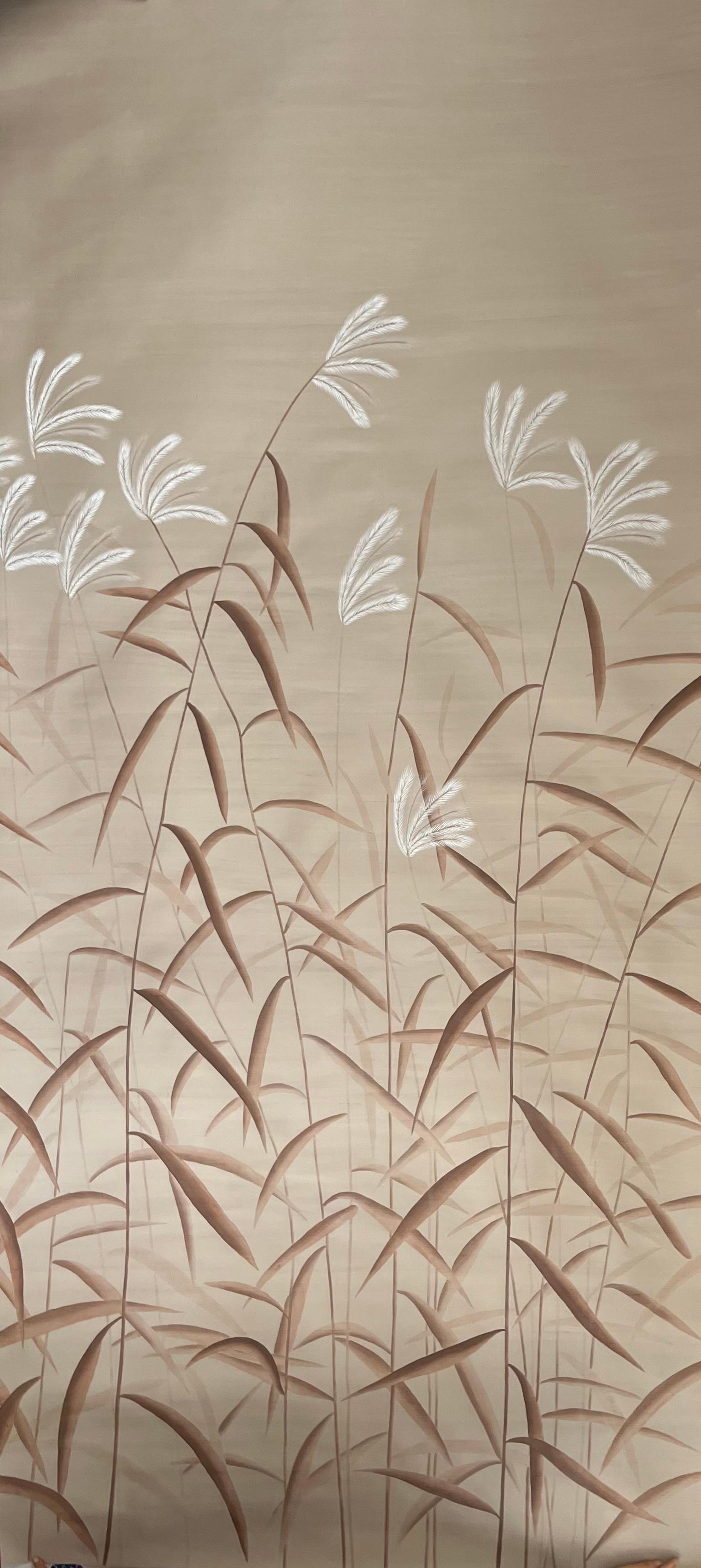 Chinese Reeds Wallpaper Hand Painted Wallpaper on slub silk For Sale