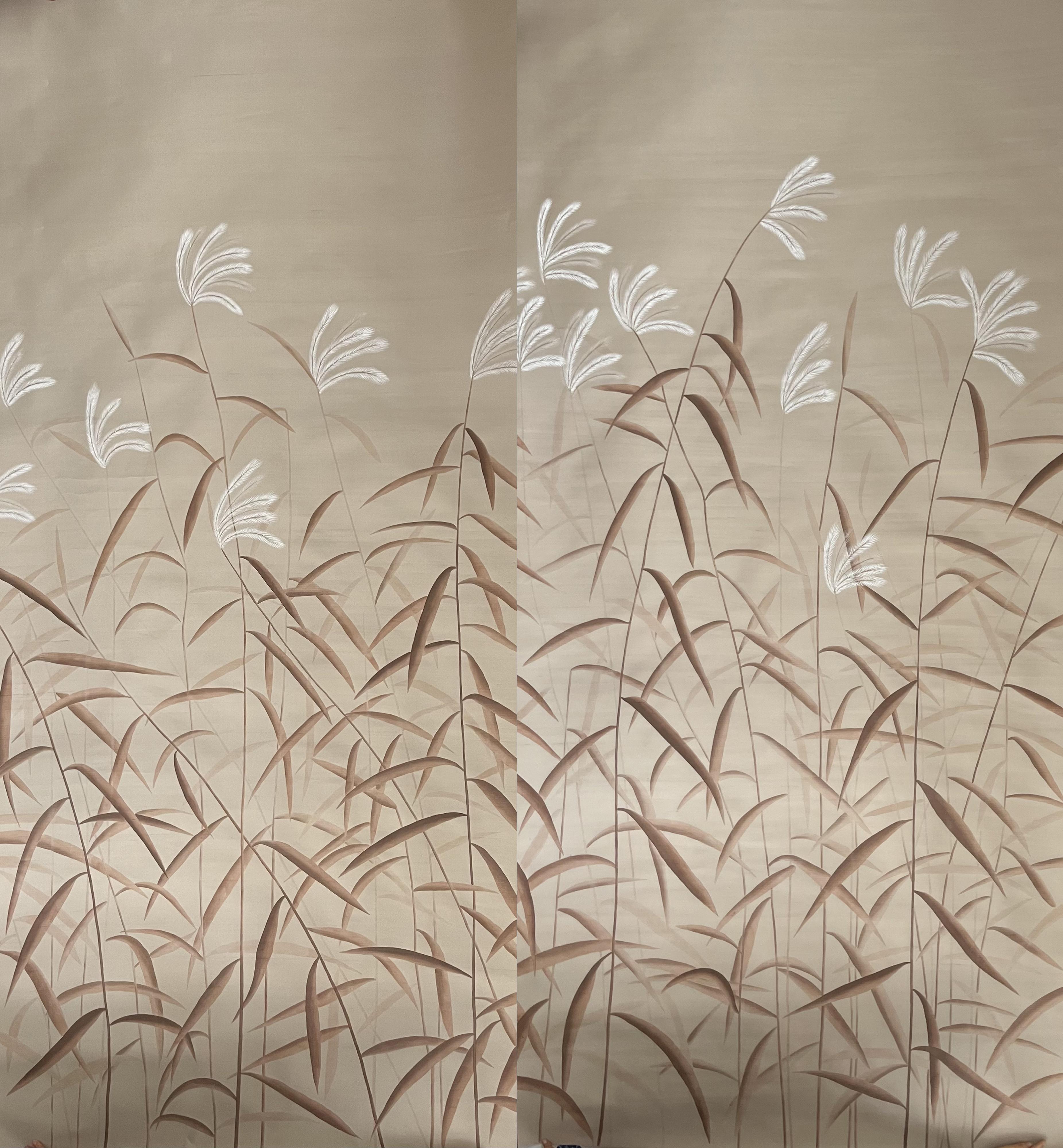 Hand-Painted Reeds Wallpaper Hand Painted Wallpaper on slub silk For Sale