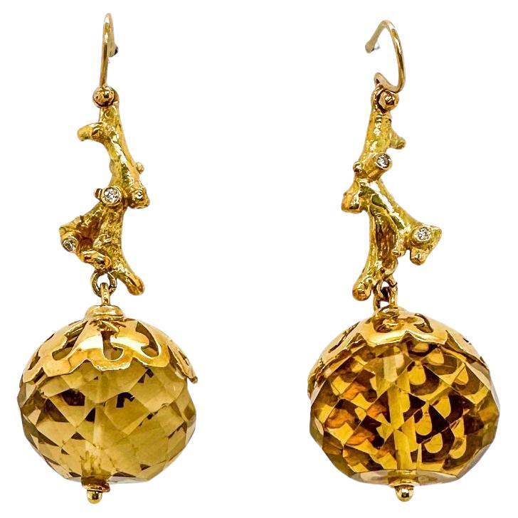 Reef citrine bead drop earrings - 18ct yellow gold with diamonds