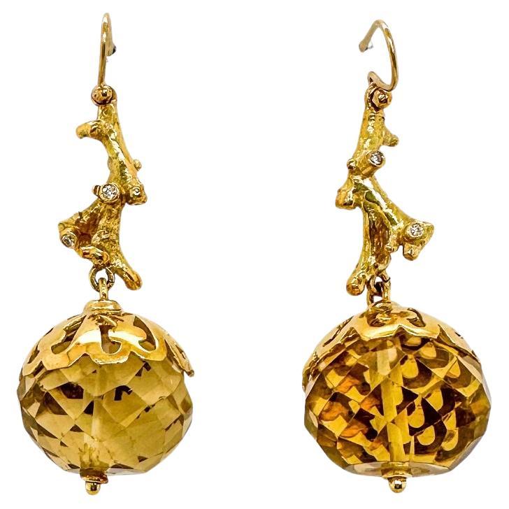 Reef Citrin-Perlen-Tropfen-Ohrringe - 18 Karat Gelbgold mit Diamanten