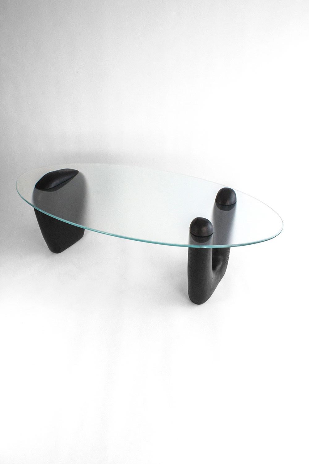 Reef, Contemporary Coffee Table, Carved Ash & Satin Glass Top by Nadine Hajjar For Sale 4