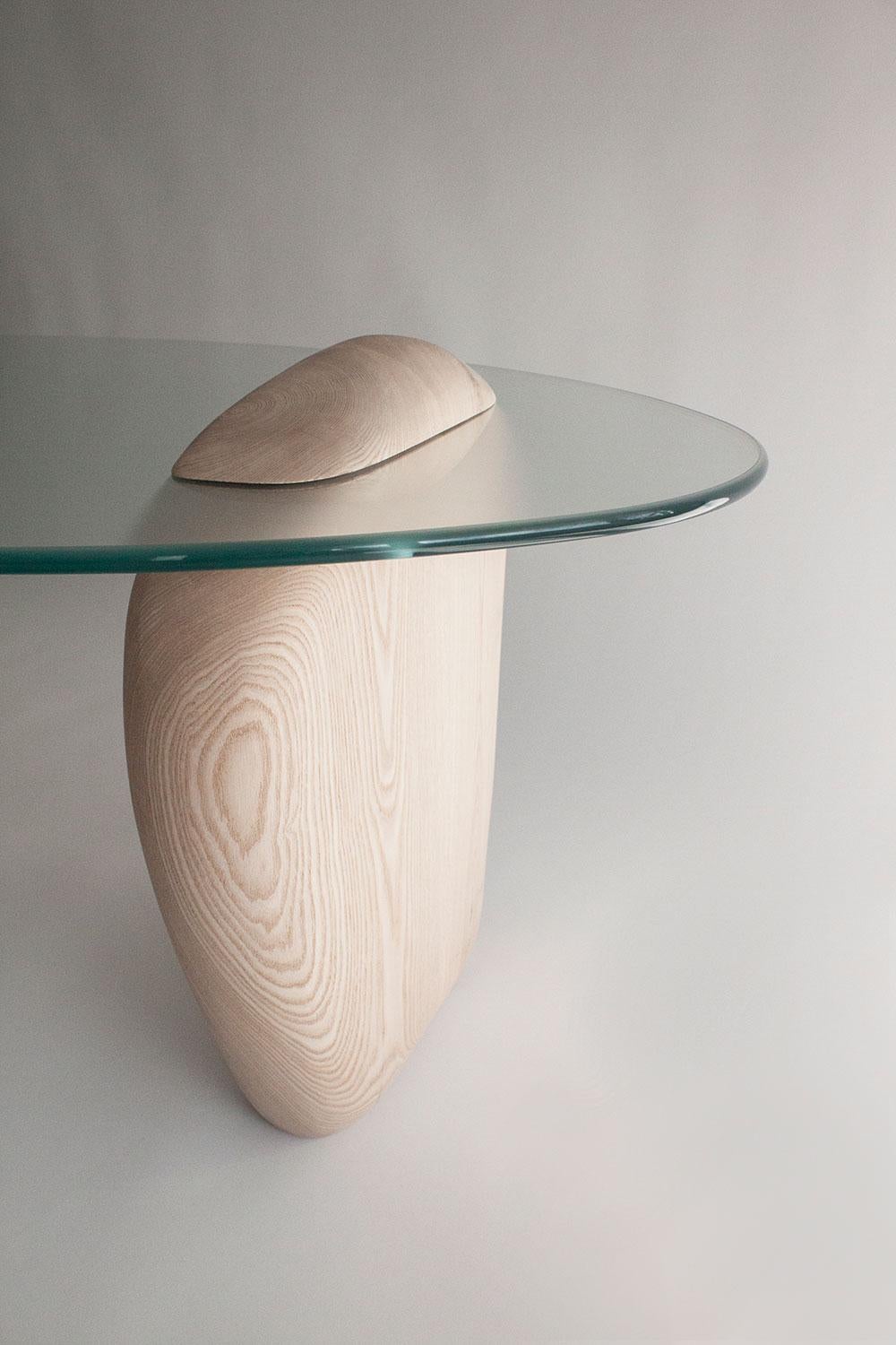 Reef, Contemporary Coffee Table, Carved Ash & Satin Glass Top by Nadine Hajjar For Sale 7