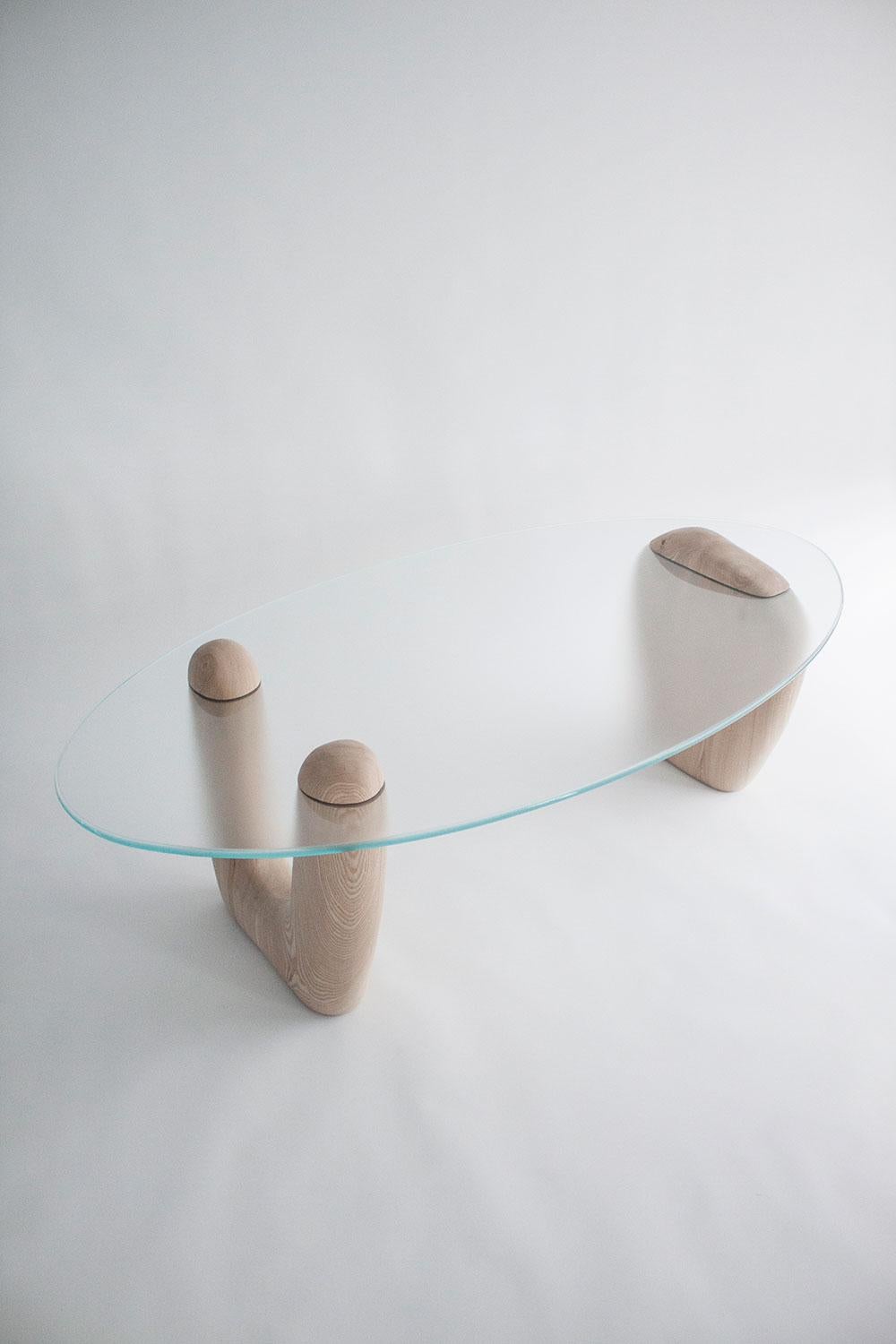 Reef, Contemporary Coffee Table, Carved Ash & Satin Glass Top by Nadine Hajjar For Sale 8