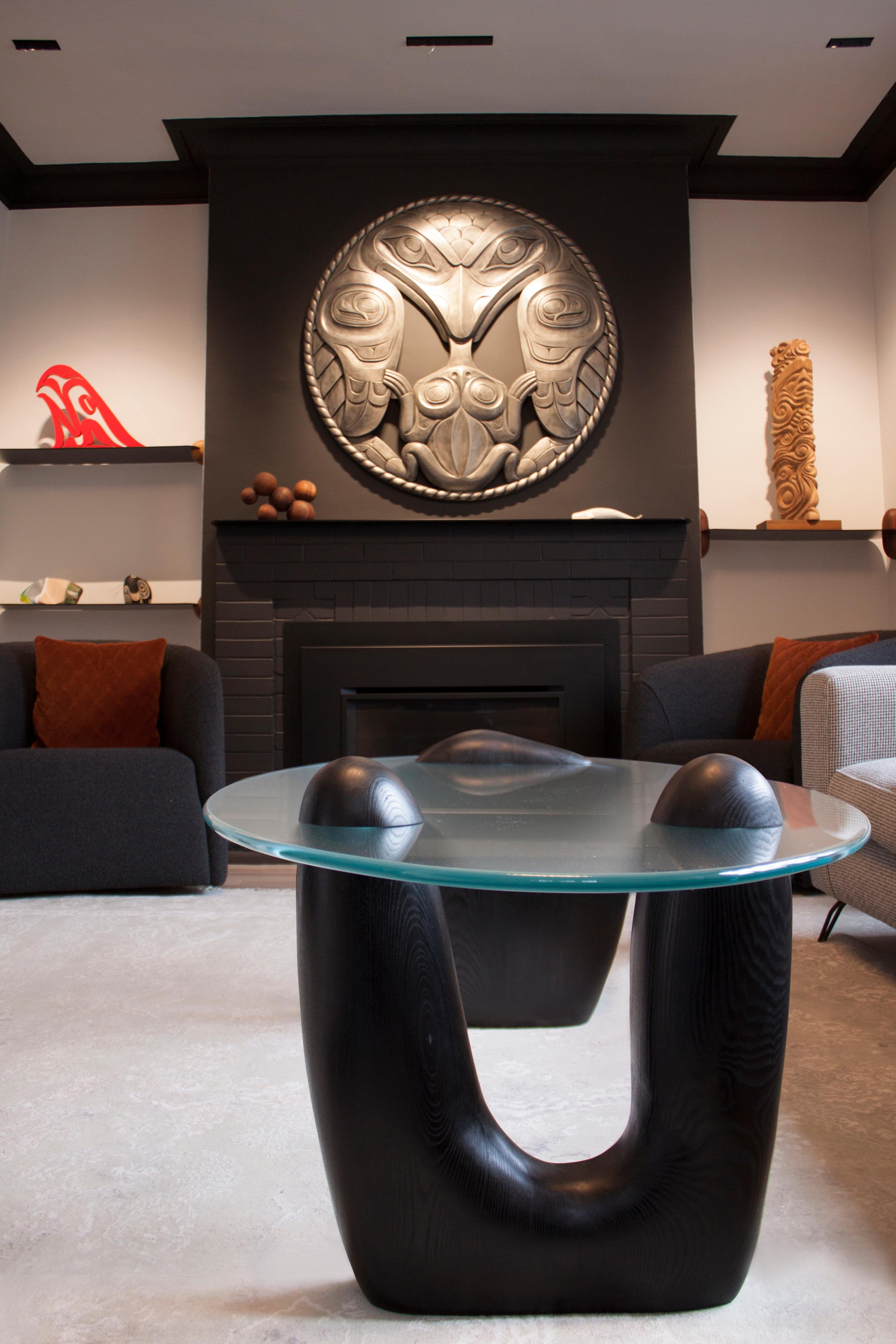 Reef, Contemporary Coffee Table, Carved Ash & Satin Glass Top by Nadine Hajjar In New Condition For Sale In Montreal, QC
