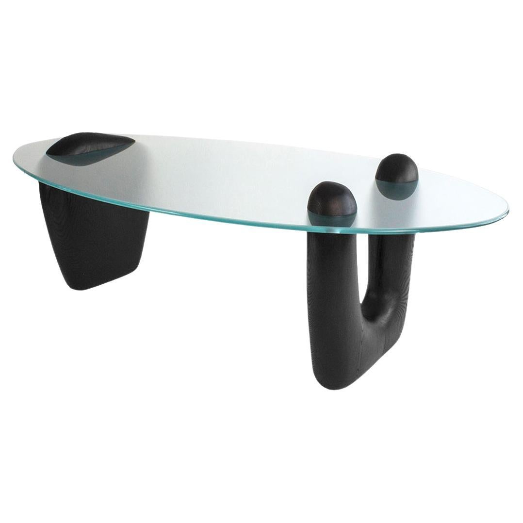 Reef, Contemporary Coffee Table, Carved Ash & Satin Glass Top by Nadine Hajjar For Sale