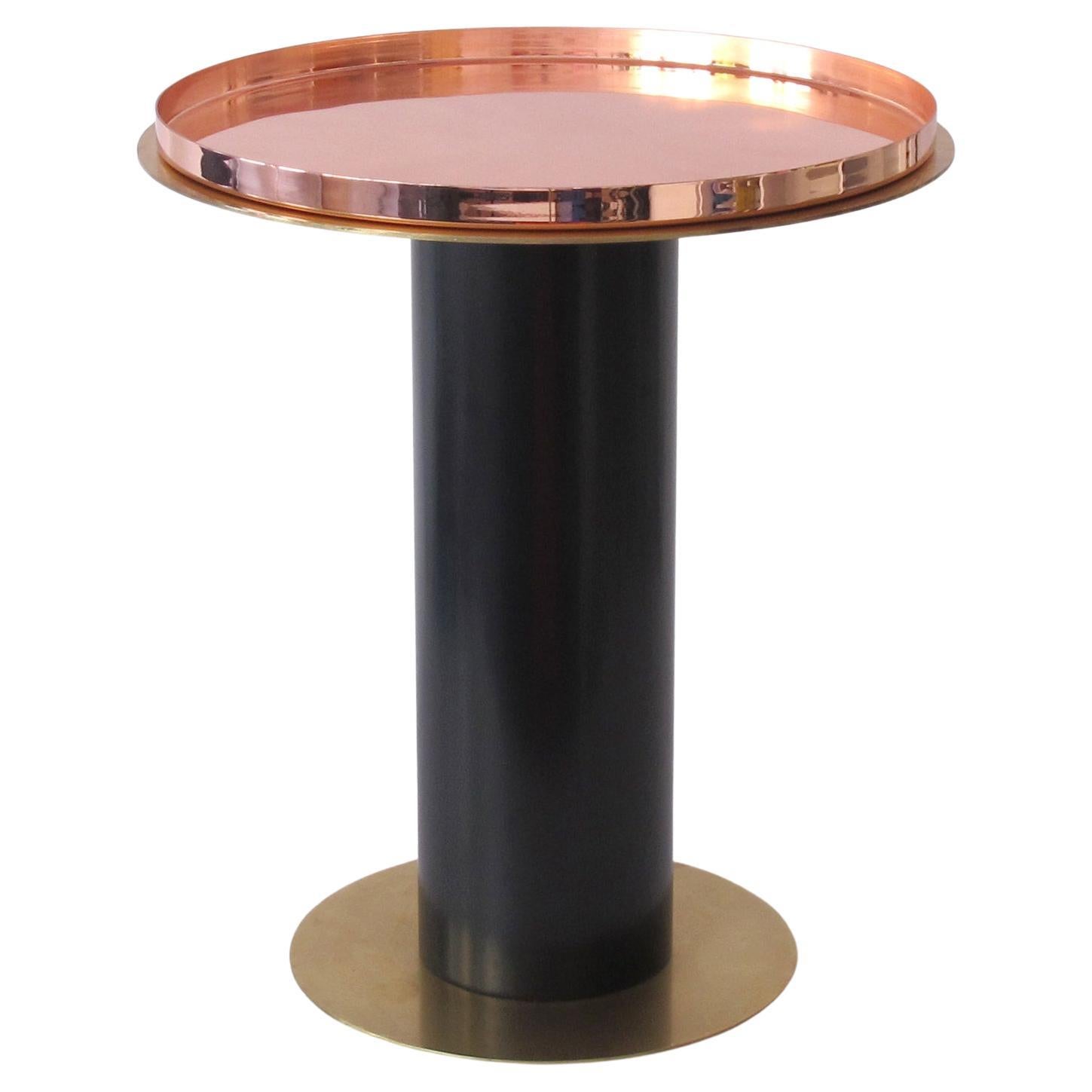 'Reel' Minimalist Brass Side Table with Copper Tray