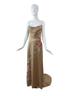 REEM ACRA 2003 Vintage Runway Gold Evening Gown w. Train Embroidery Embellished