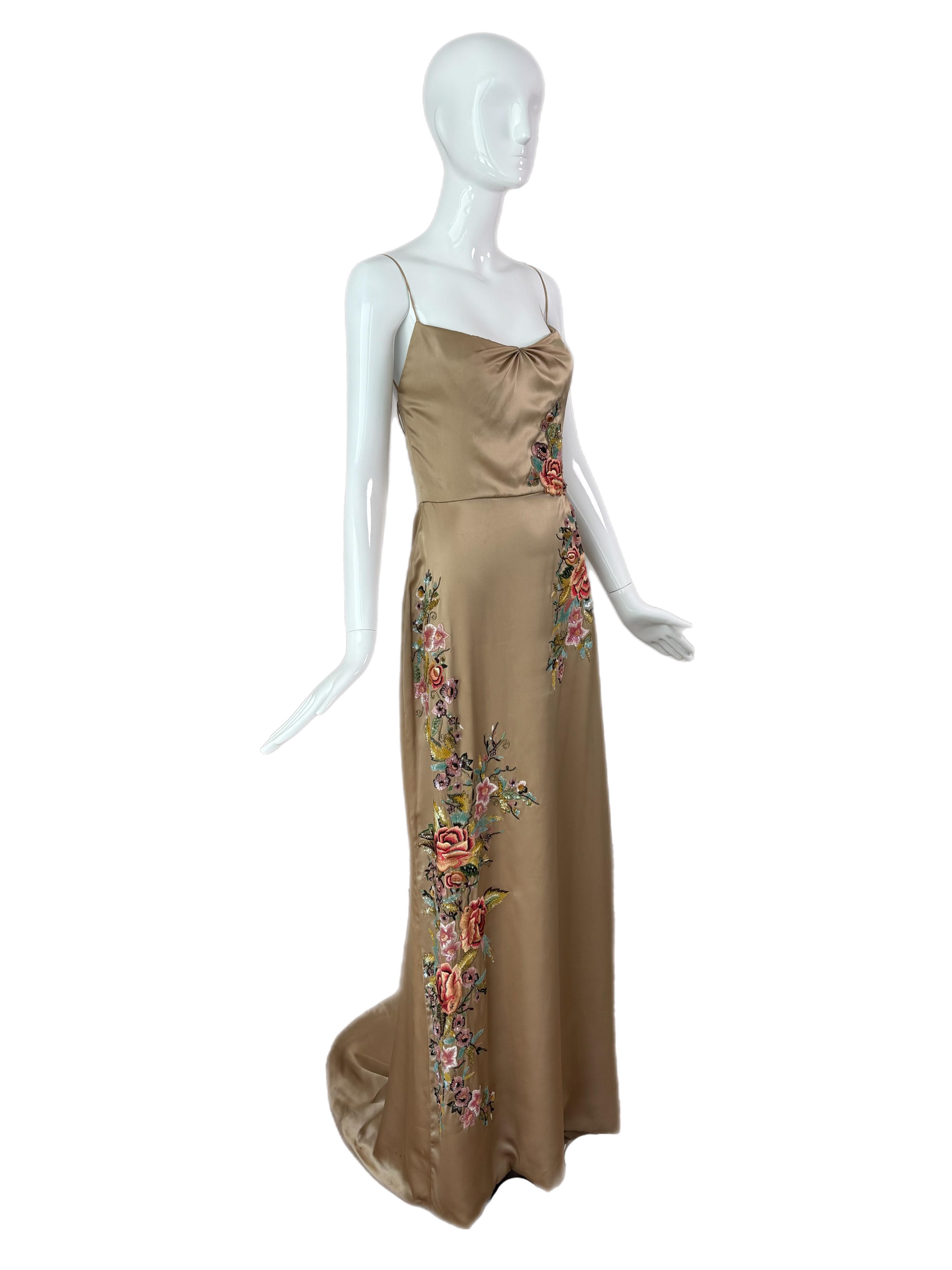 Brown REEM ACRA 2003 Vintage Runway Gold Evening Gown w. Train Embroidery Embellished For Sale
