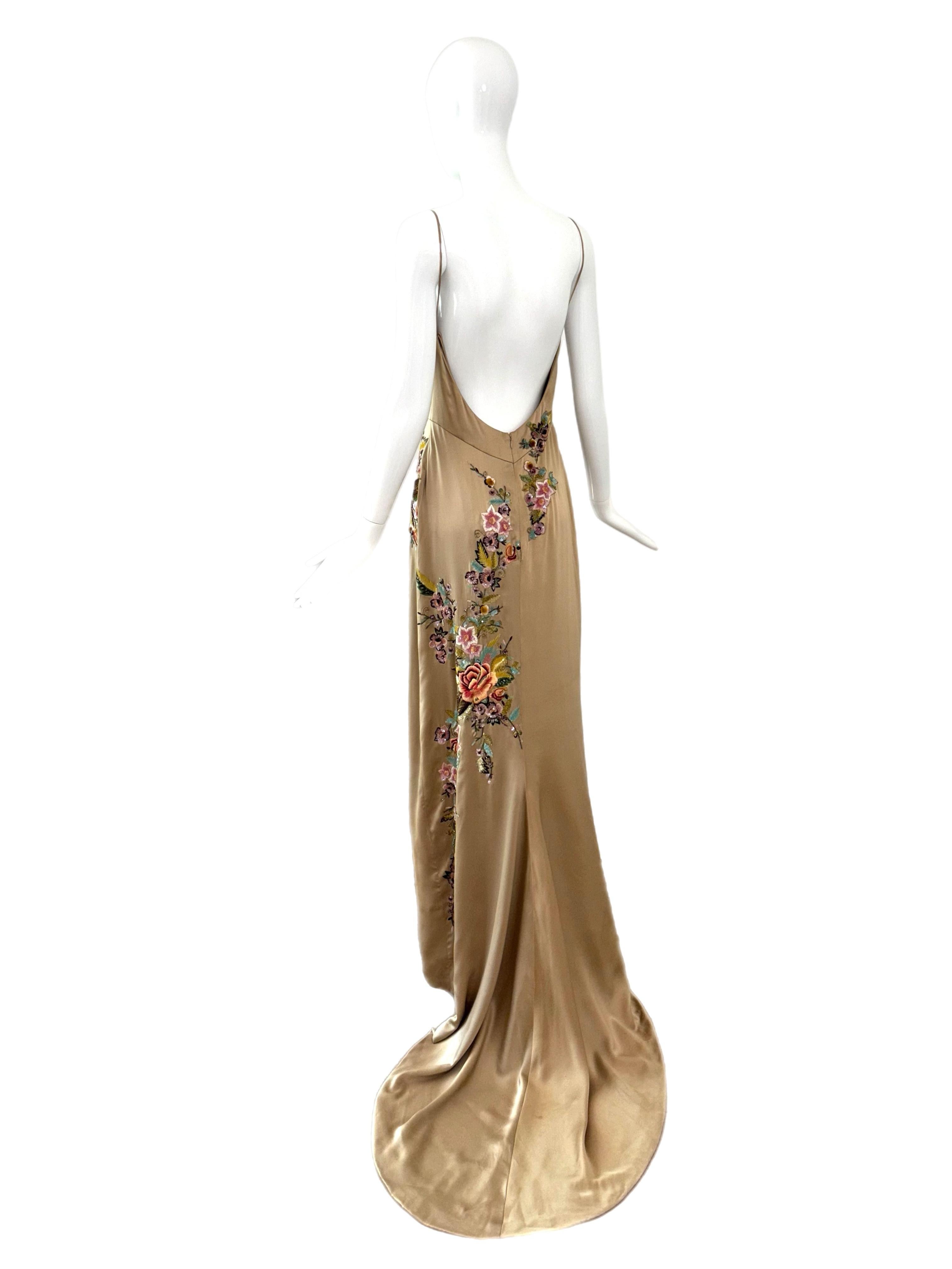 Women's REEM ACRA 2003 Vintage Runway Gold Evening Gown w. Train Embroidery Embellished For Sale