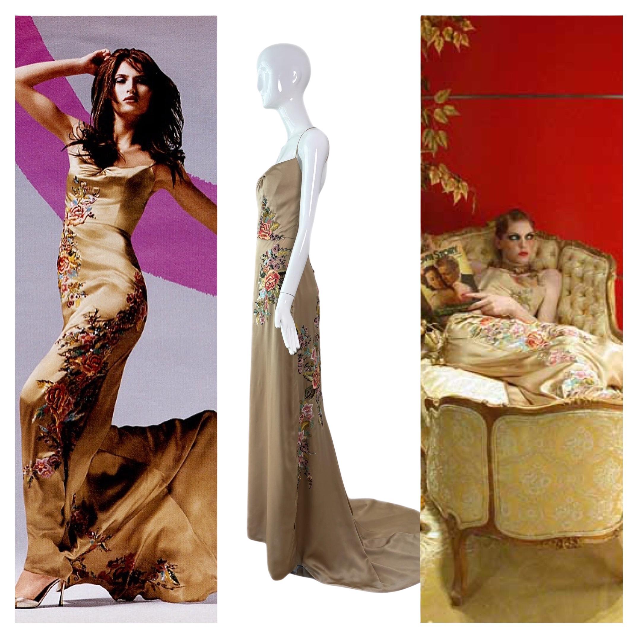 REEM ACRA 2003 Vintage Runway Gold Evening Gown w. Train Embroidery Embellished