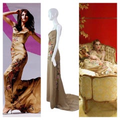 REEM ACRA 2003 Vintage Runway Gold Evening Gown w. Train Embroidery Embellished