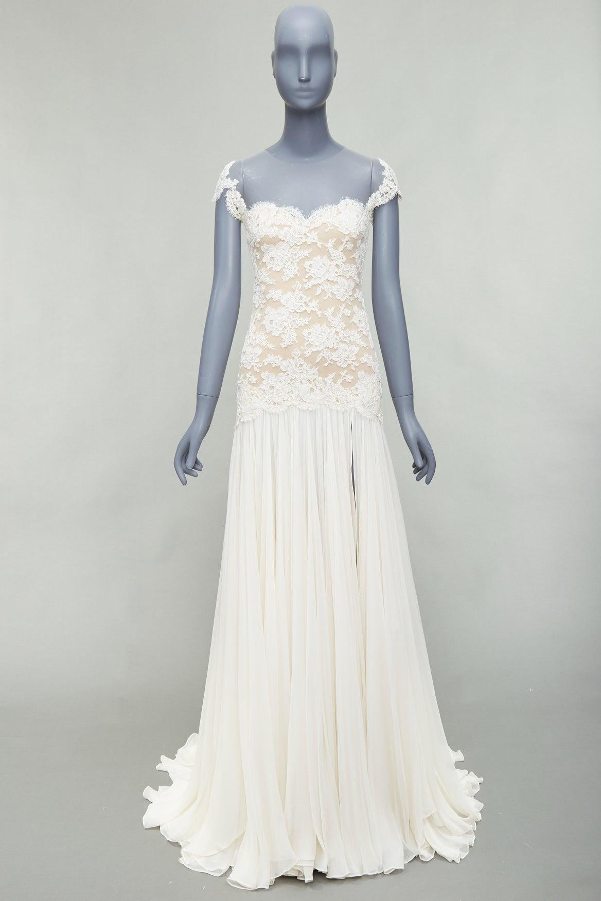 REEM ACRA 2014 Vestido de novia de encaje nude de seda crema US0 XS en venta 6