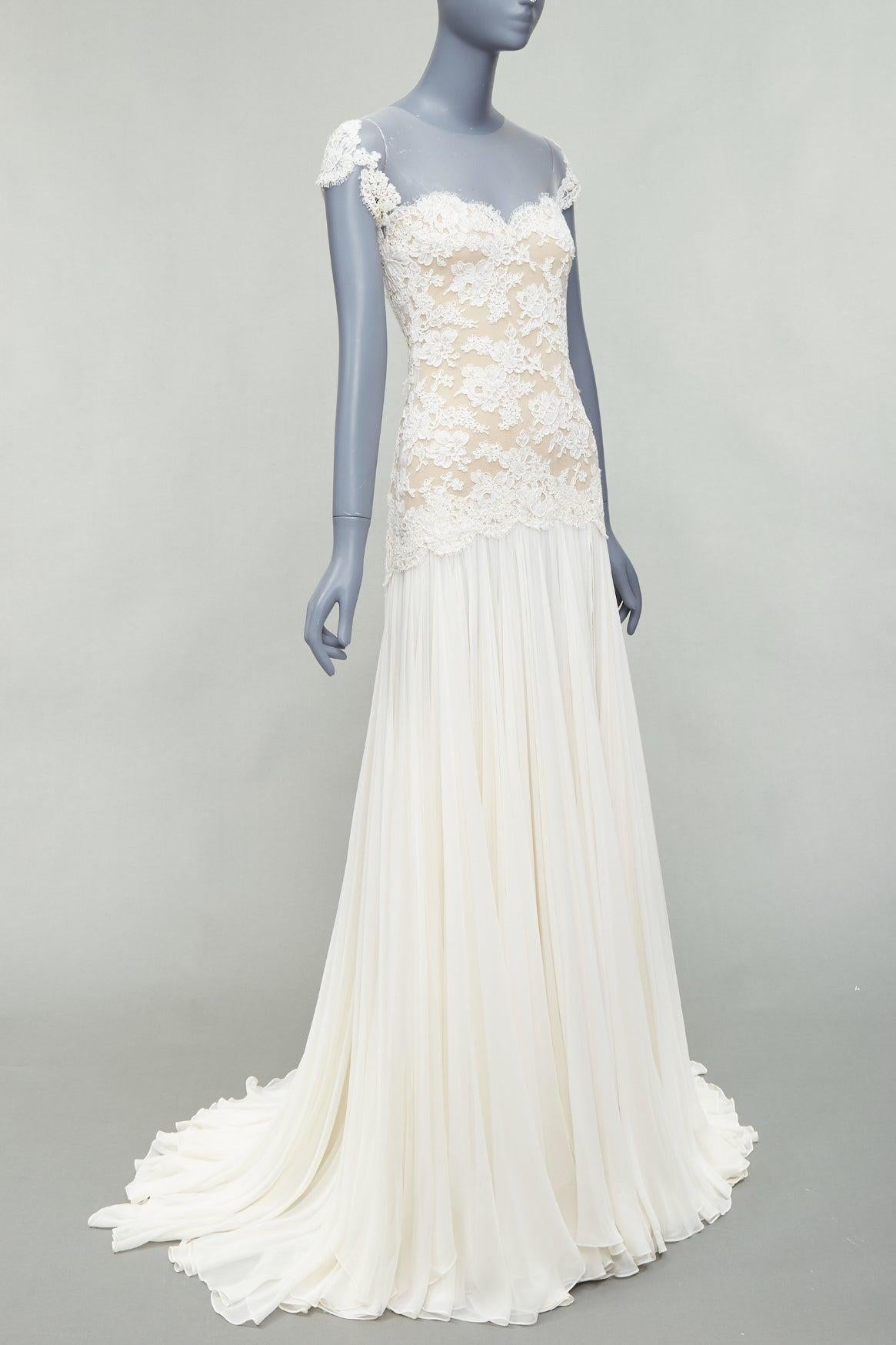 REEM ACRA 2014 Vestido de novia de encaje nude de seda crema US0 XS Gris en venta