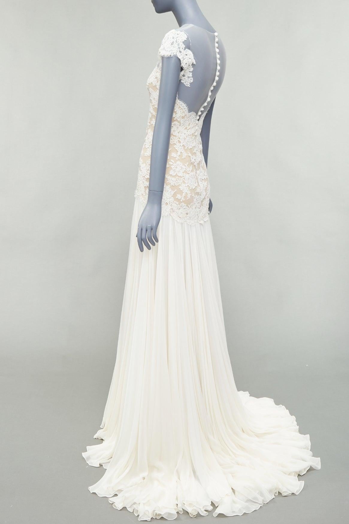 REEM ACRA 2014 Vestido de novia de encaje nude de seda crema US0 XS en venta 1