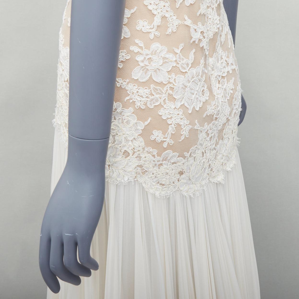 REEM ACRA 2014 Vestido de novia de encaje nude de seda crema US0 XS en venta 3