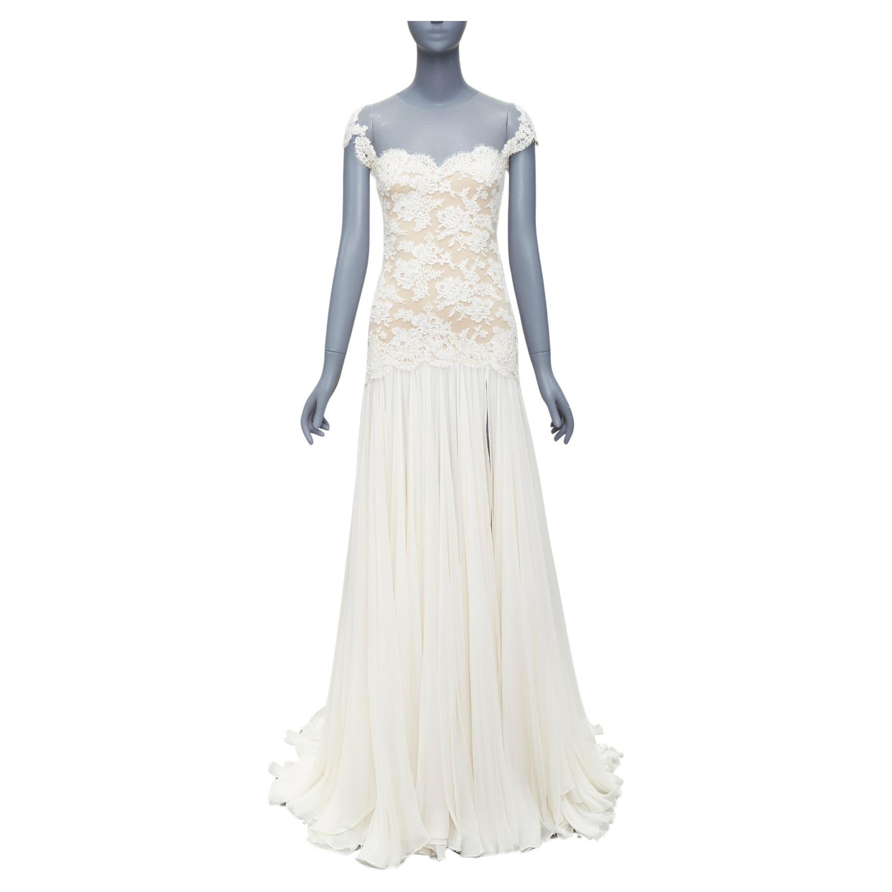 REEM ACRA 2014 Vestido de novia de encaje nude de seda crema US0 XS en venta