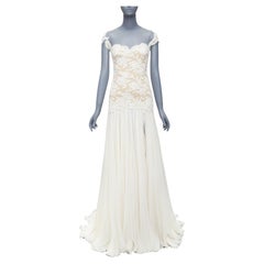 REEM ACRA 2014 Runway cream silk nude lace wedding gown US0 XS