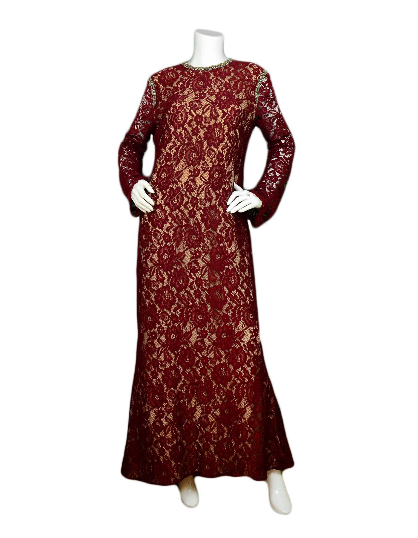 Reem Acra 2019 Burgundy Fall Lace Longsleeve Gown w/ Rhinestone Neck and Shoulder sz 16

Made In: USA
Year of Production: 2019
Color: Burgundy
Materials: Cotton
Lining: Cotton
Opening/Closure: Back zipper
Overall Condition: Excellent pre-owned