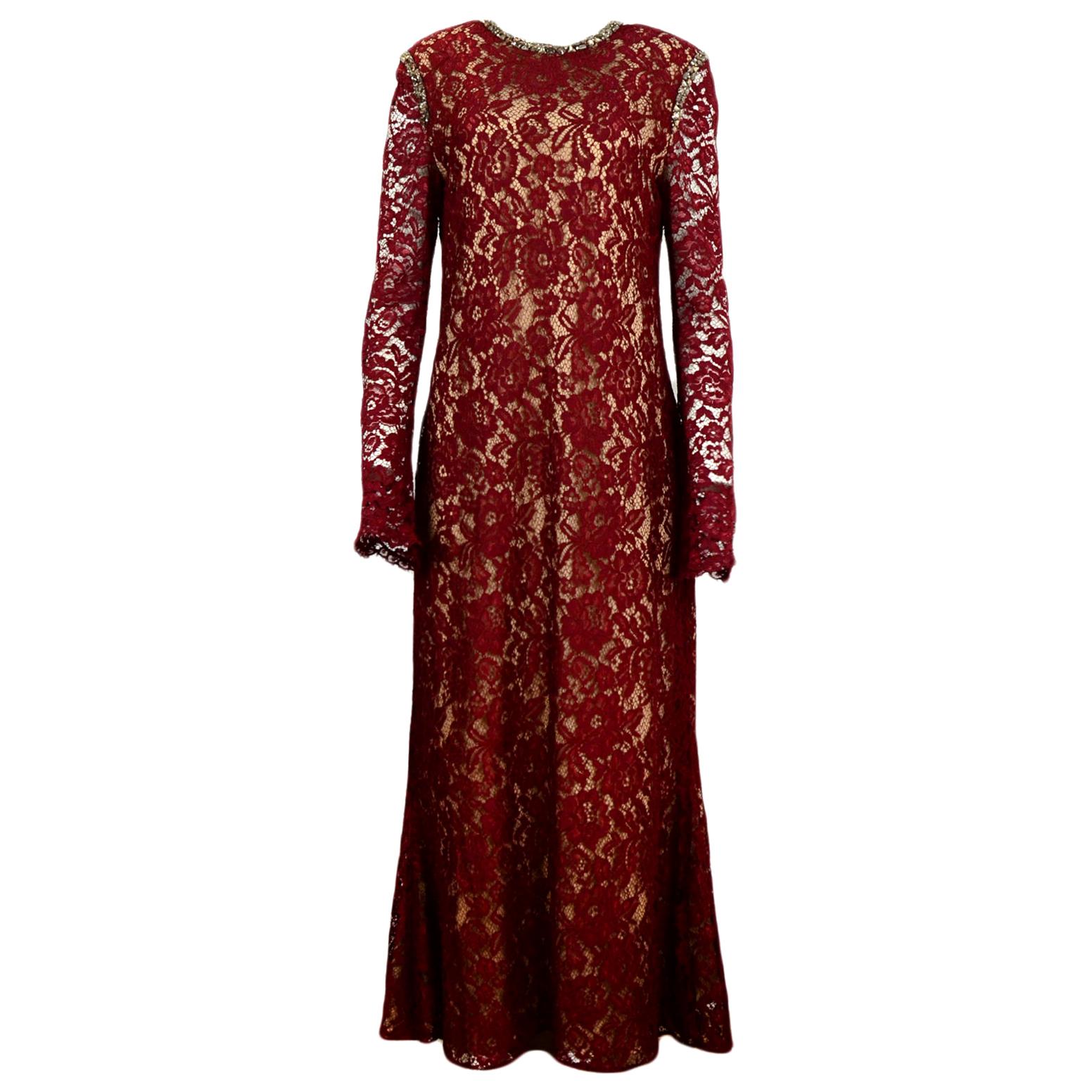 Reem Acra '19 Burgundy Fall Lace Longsleeve Gown w/ Crystal Detail sz 16