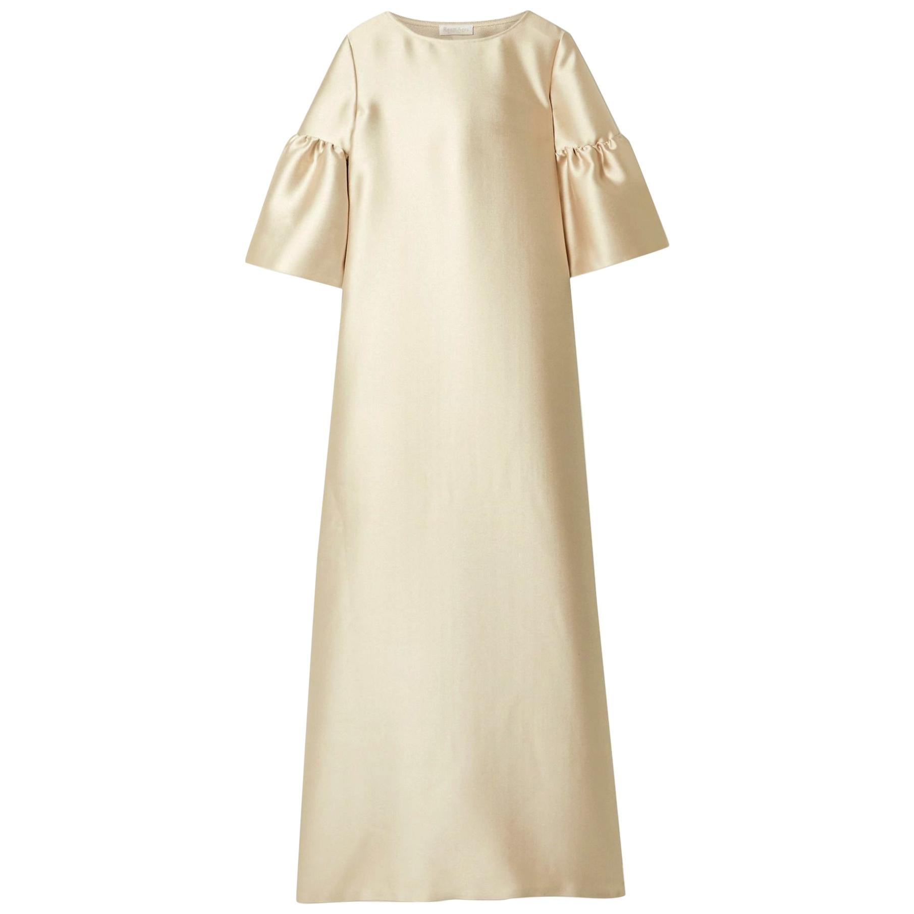 Reem Acra Beige Satin Pique Bell Sleeve Gown - Size L 