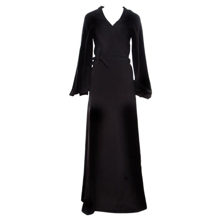 Reem Acra Black Silk Maxi Wrap Dress L
