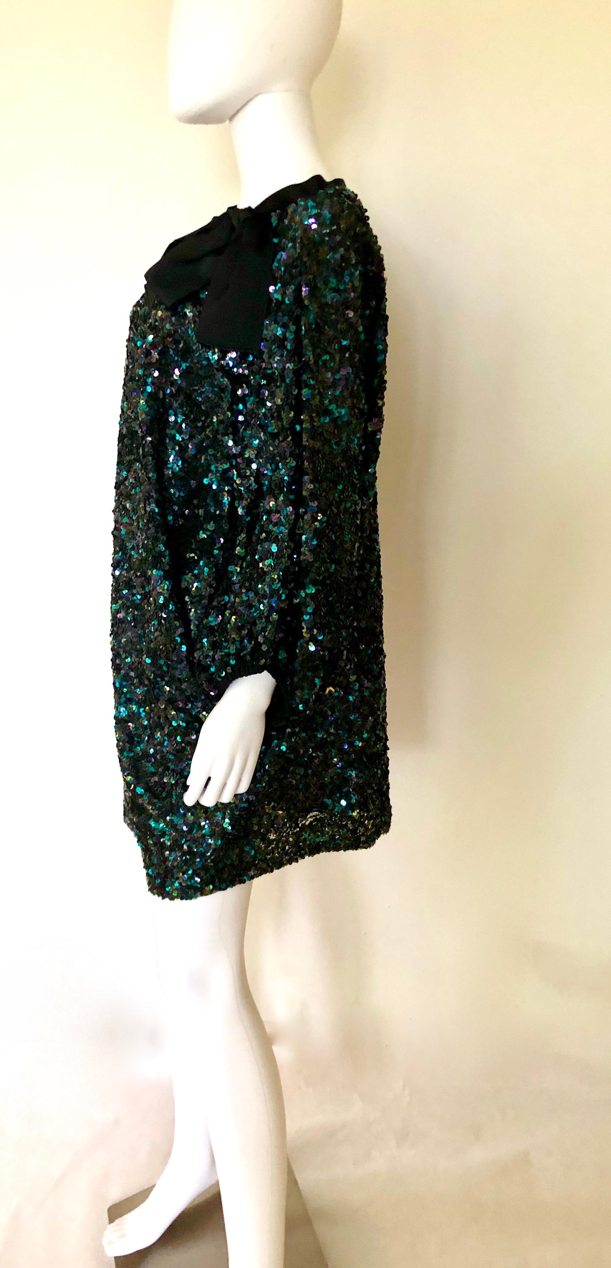 Reem Acra Blue Silk Sequin Overlay w/ Black Grosgrain Ribbon Bow Cocktail Dress For Sale 4