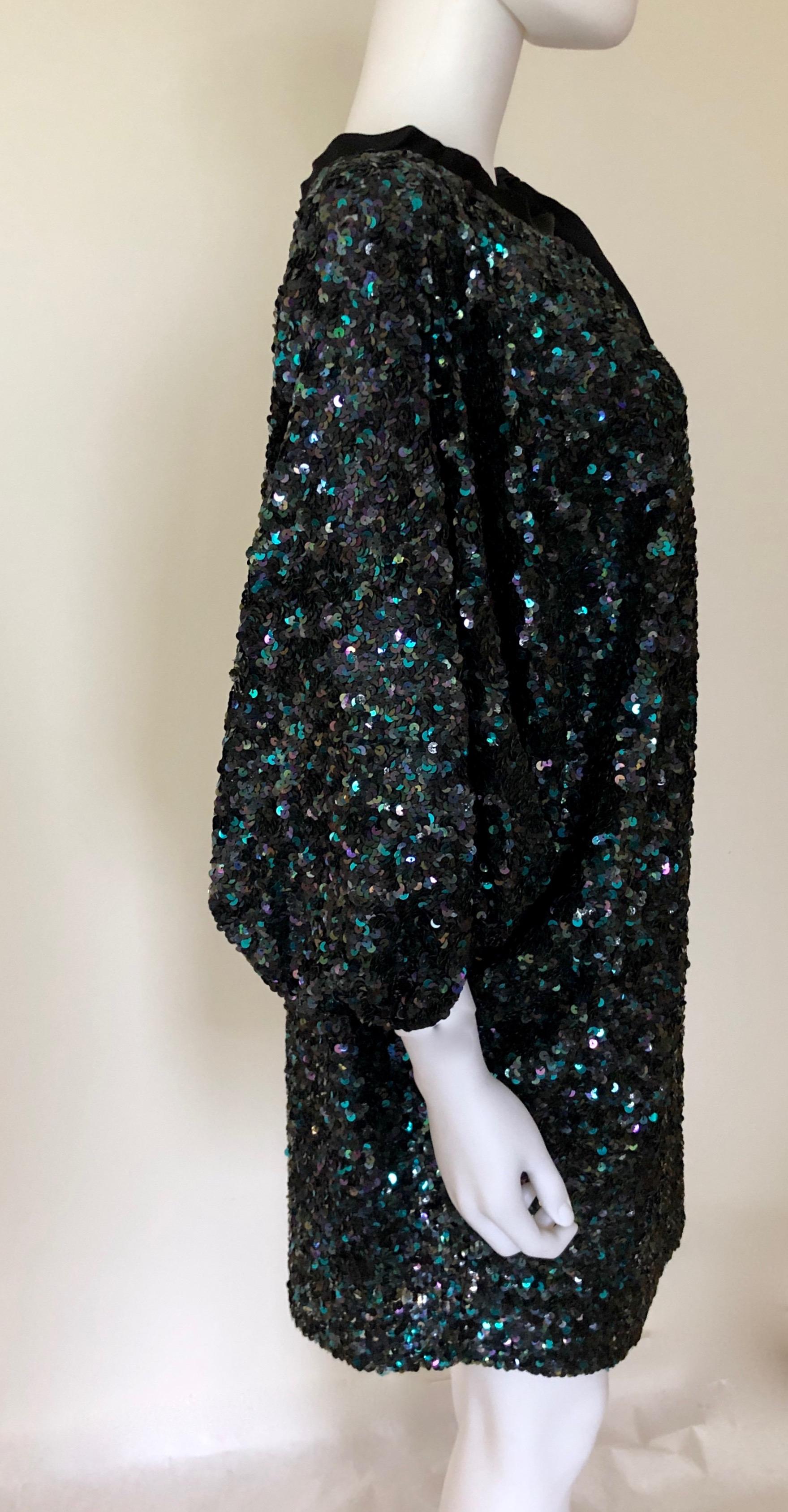 Reem Acra Blue Silk Sequin Overlay w/ Black Grosgrain Ribbon Bow Cocktail Dress For Sale 8
