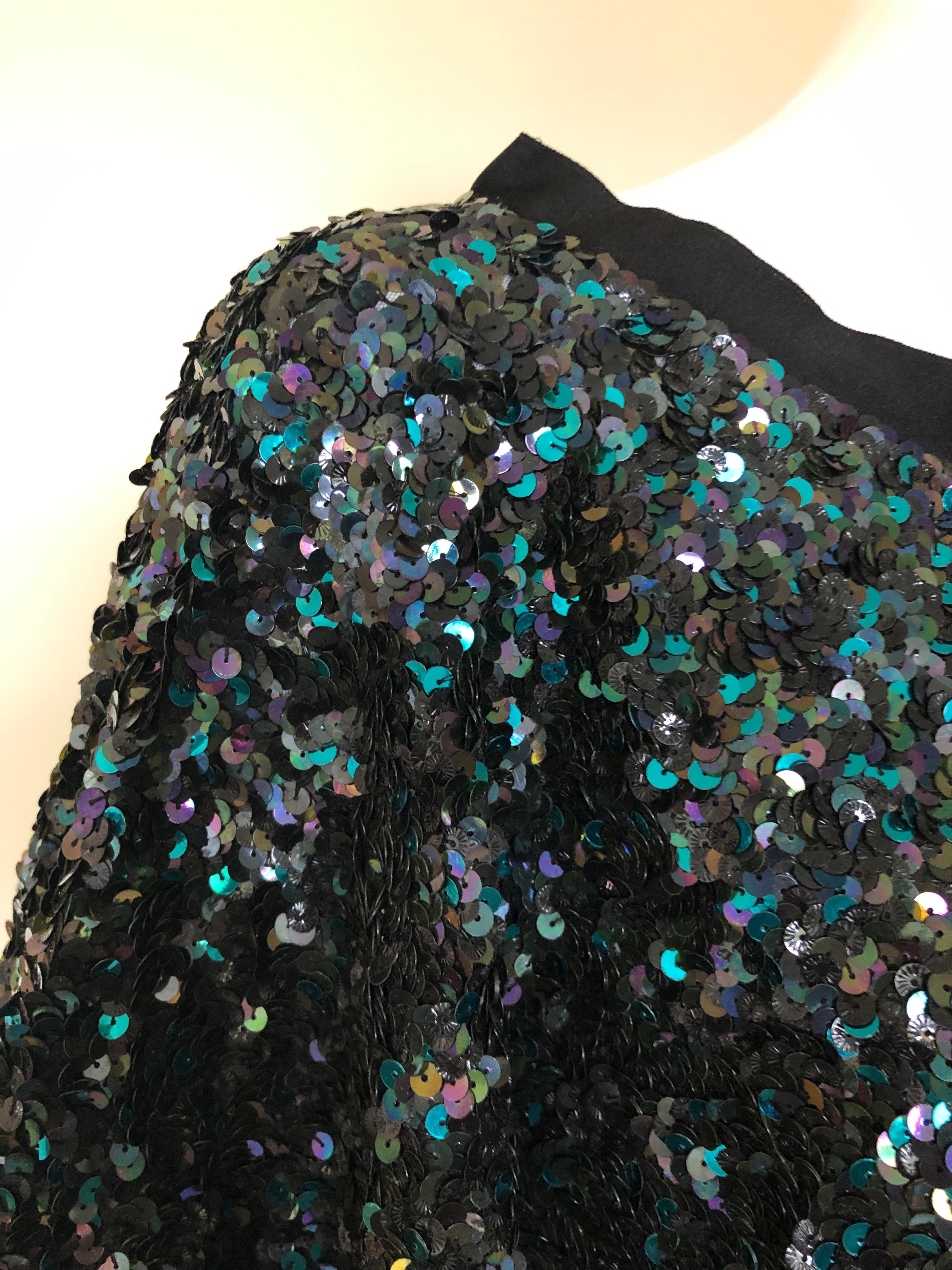 Reem Acra Blue Silk Sequin Overlay w/ Black Grosgrain Ribbon Bow Cocktail Dress For Sale 11