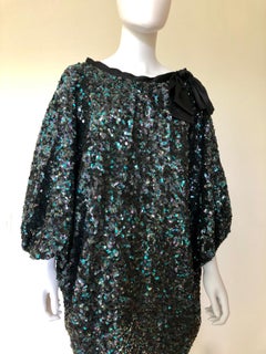 Reem Acra Blue Silk Sequin Overlay w/ Black Grosgrain Ribbon Bow Cocktail Dress