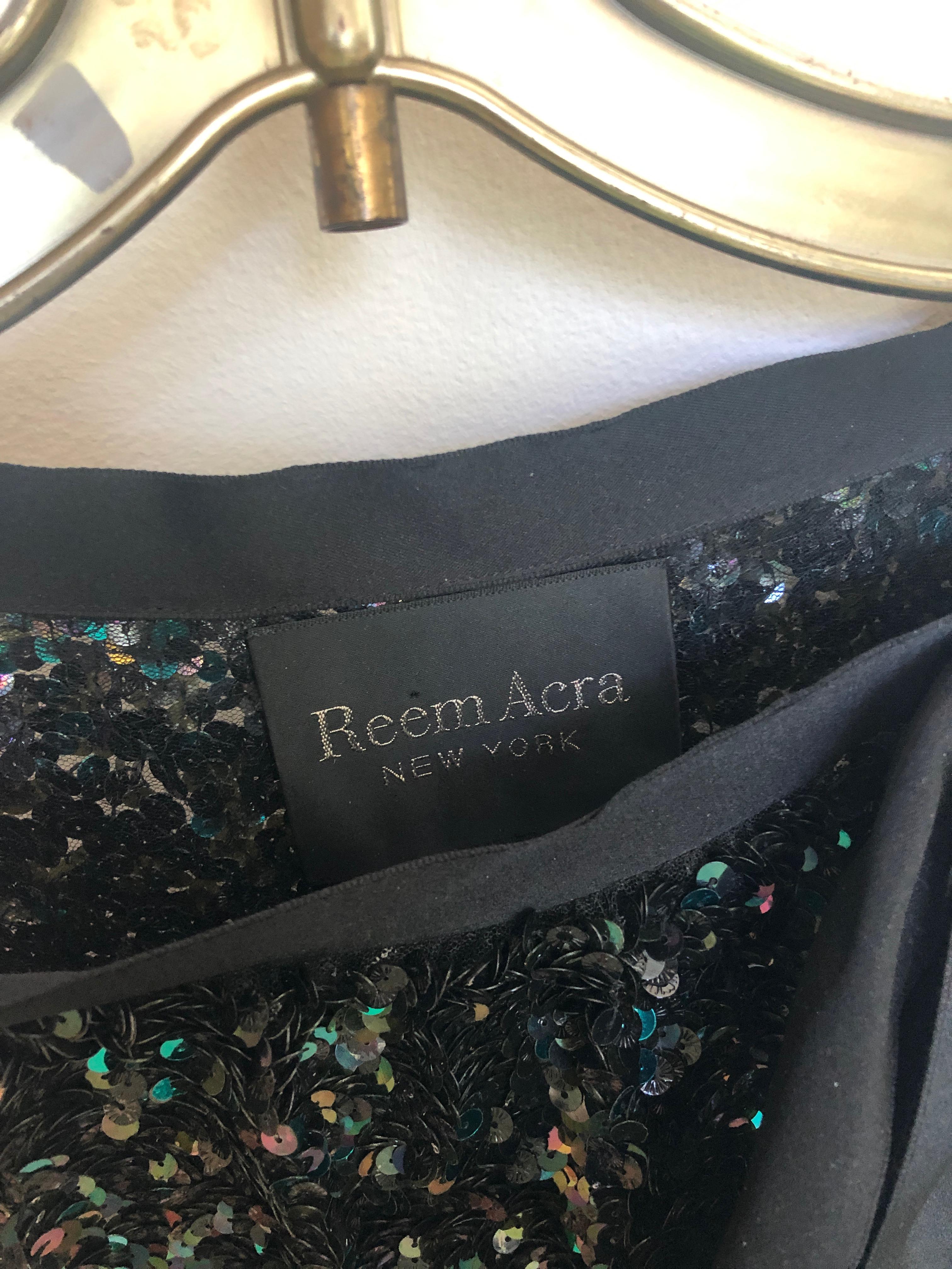 Reem Acra Blue Silk Sequin Overlay w/ Black Grosgrain Ribbon Bow Cocktail Dress For Sale 13