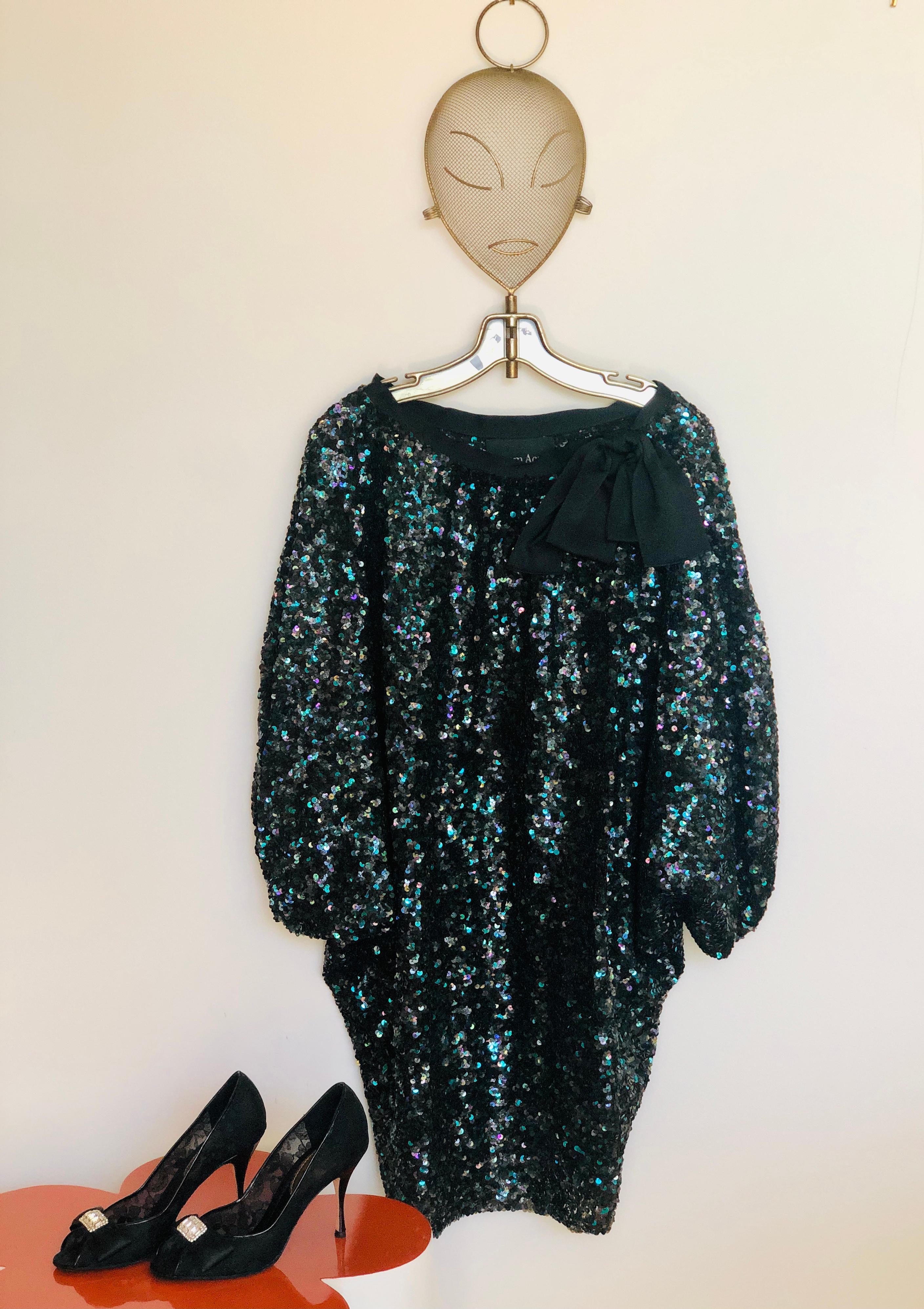 Reem Acra Blue Silk Sequin Overlay w/ Black Grosgrain Ribbon Bow Cocktail Dress For Sale 14