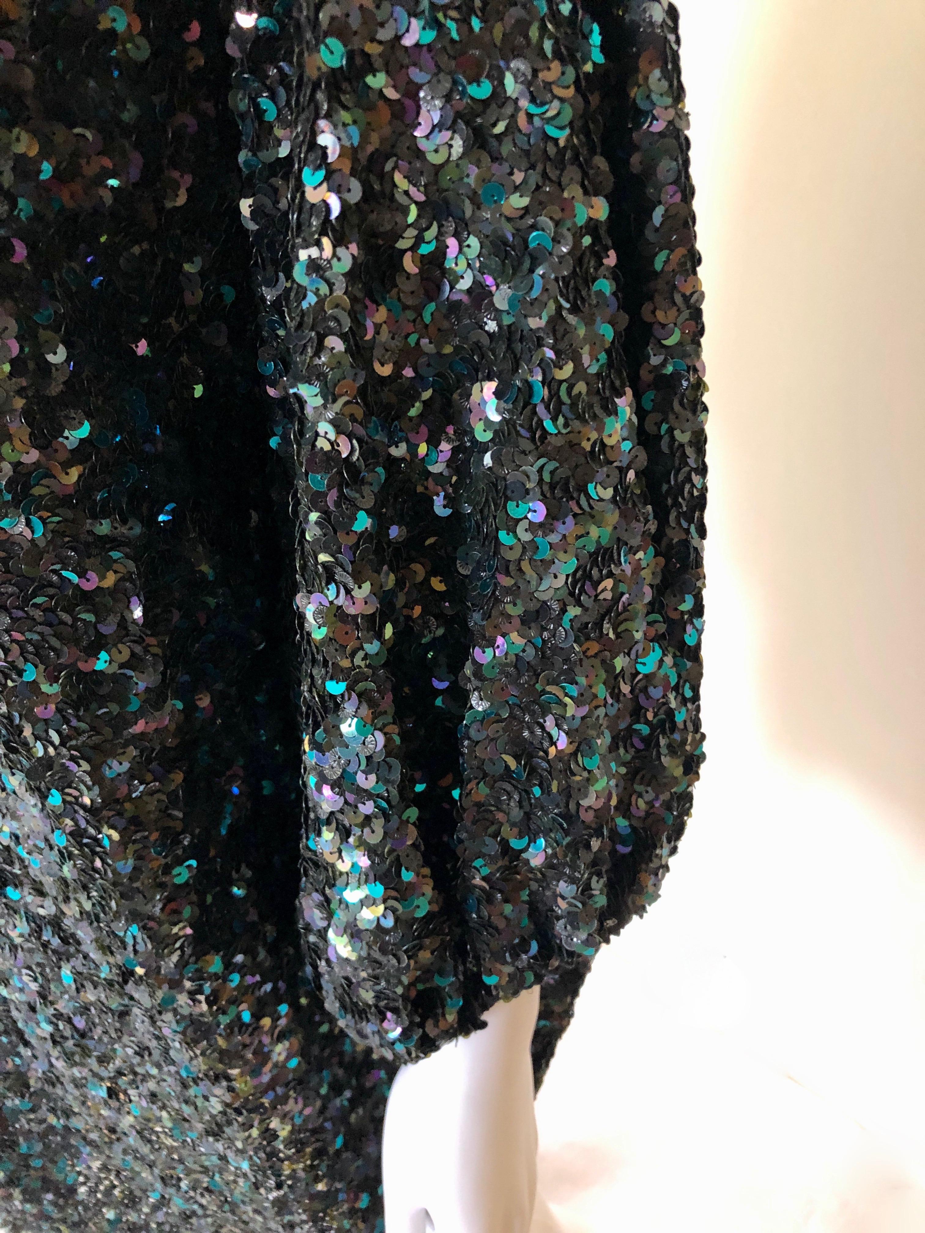 Reem Acra Blue Silk Sequin Overlay w/ Black Grosgrain Ribbon Bow Cocktail Dress For Sale 1