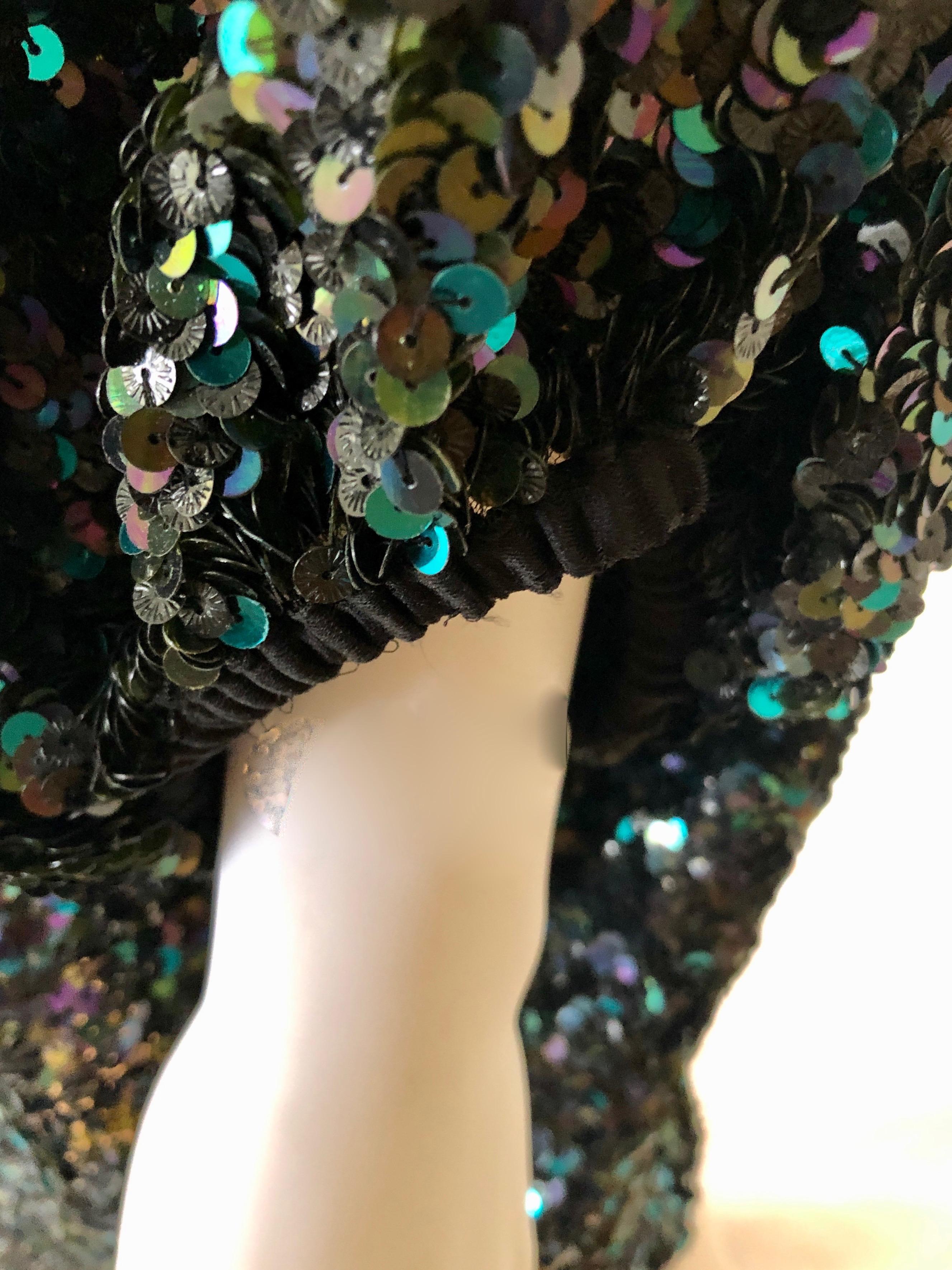 Reem Acra Blue Silk Sequin Overlay w/ Black Grosgrain Ribbon Bow Cocktail Dress For Sale 2