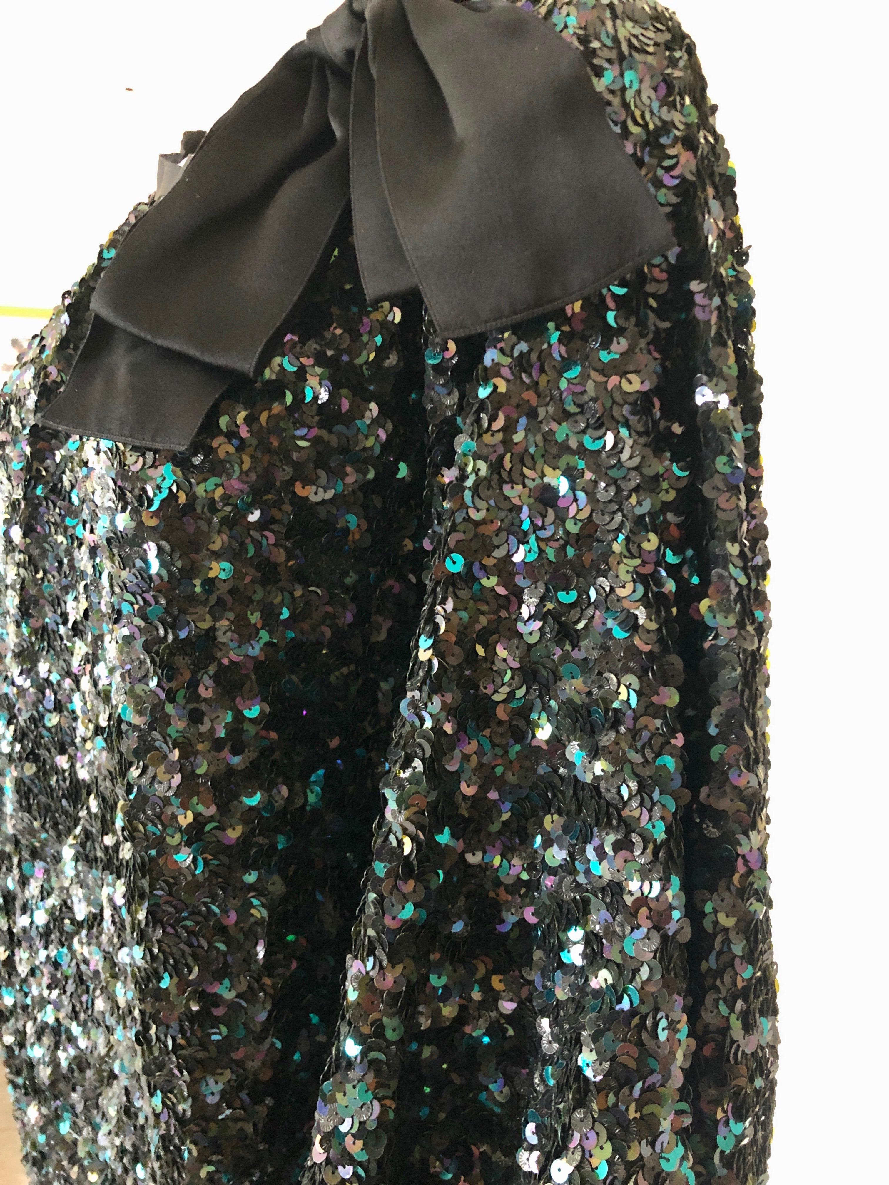 Reem Acra Blue Silk Sequin Overlay w/ Black Grosgrain Ribbon Bow Cocktail Dress For Sale 3