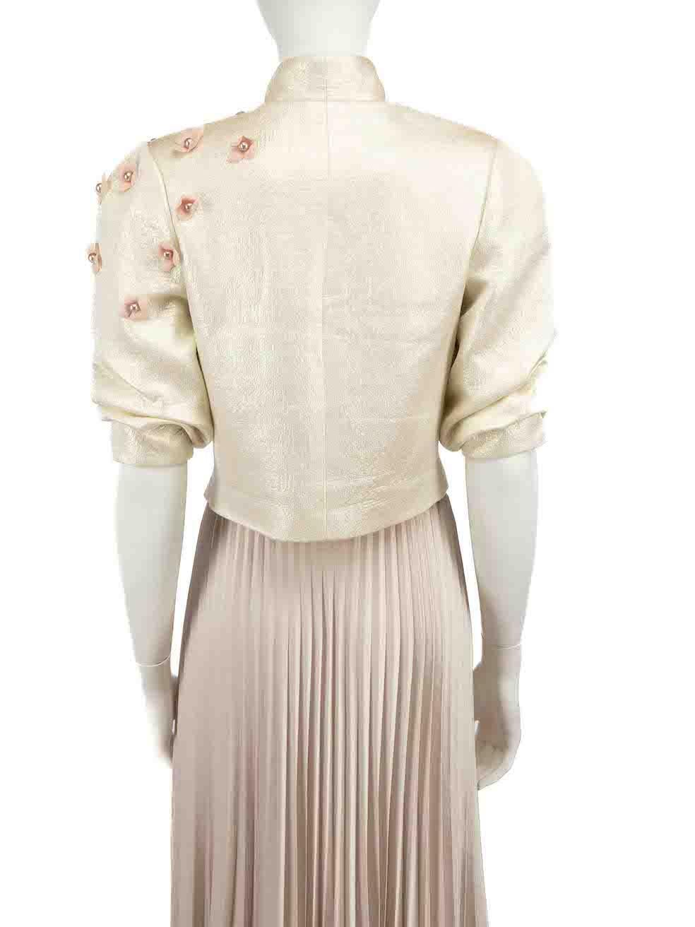 Reem Acra Ecru Metallic Floral Cropped Jacket Size XL In Good Condition For Sale In London, GB